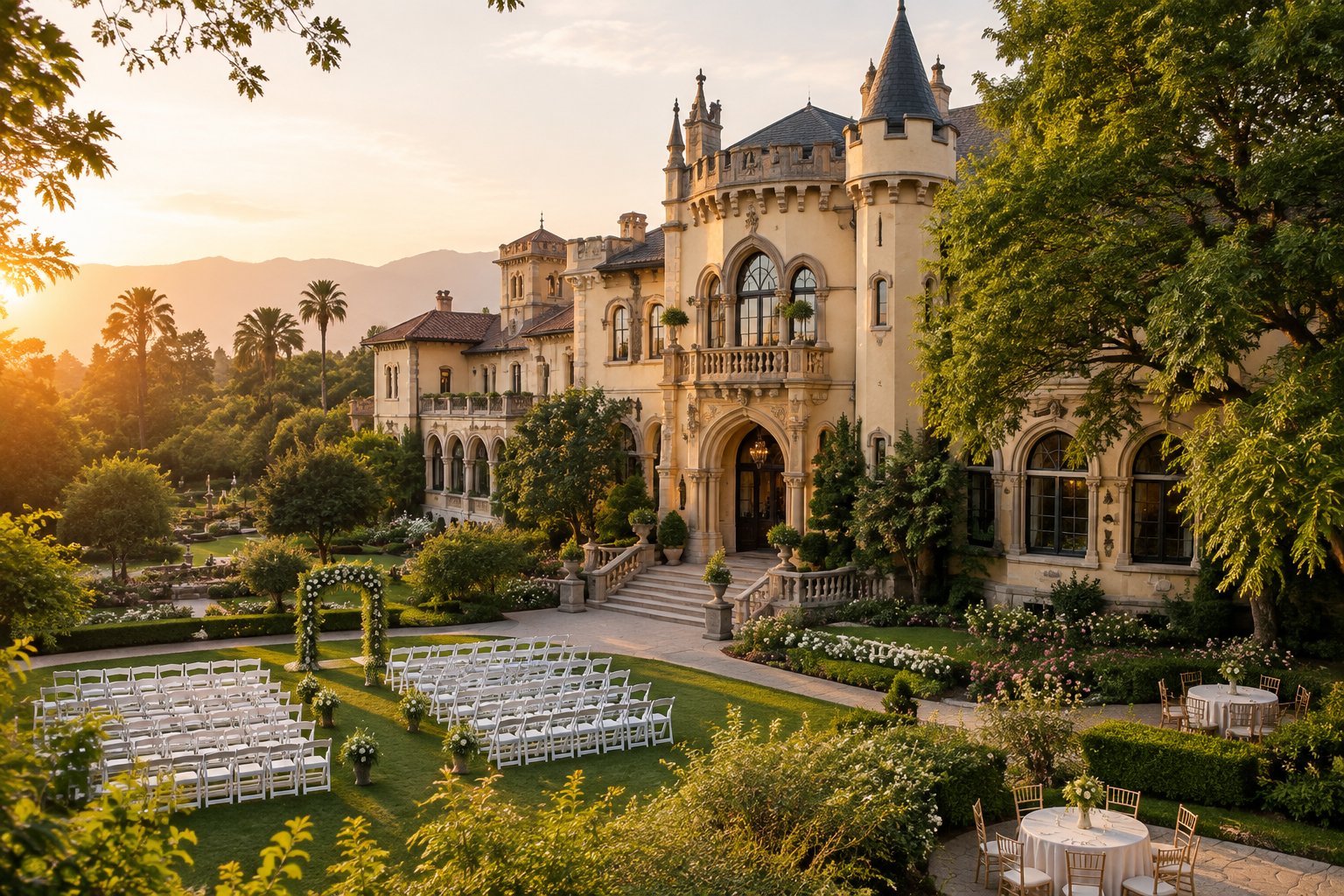 Historic castle-style wedding venue surrounded by green gardens in Pasadena.