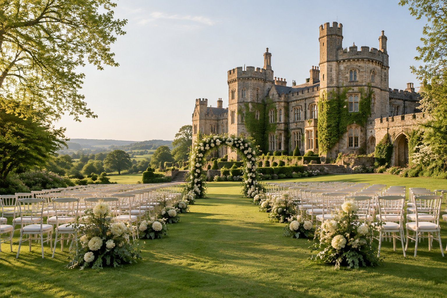 Outdoor wedding ceremony setup on the green grounds of a historic castle.