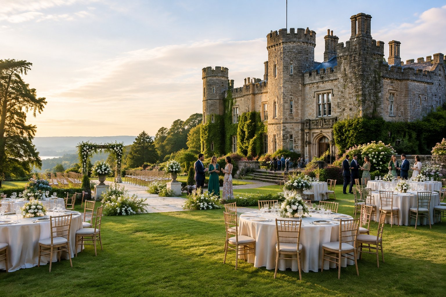An elegant castle wedding venue surrounded by green lawns with tables, ceremony chairs, and guests preparing for an outdoor celebration.