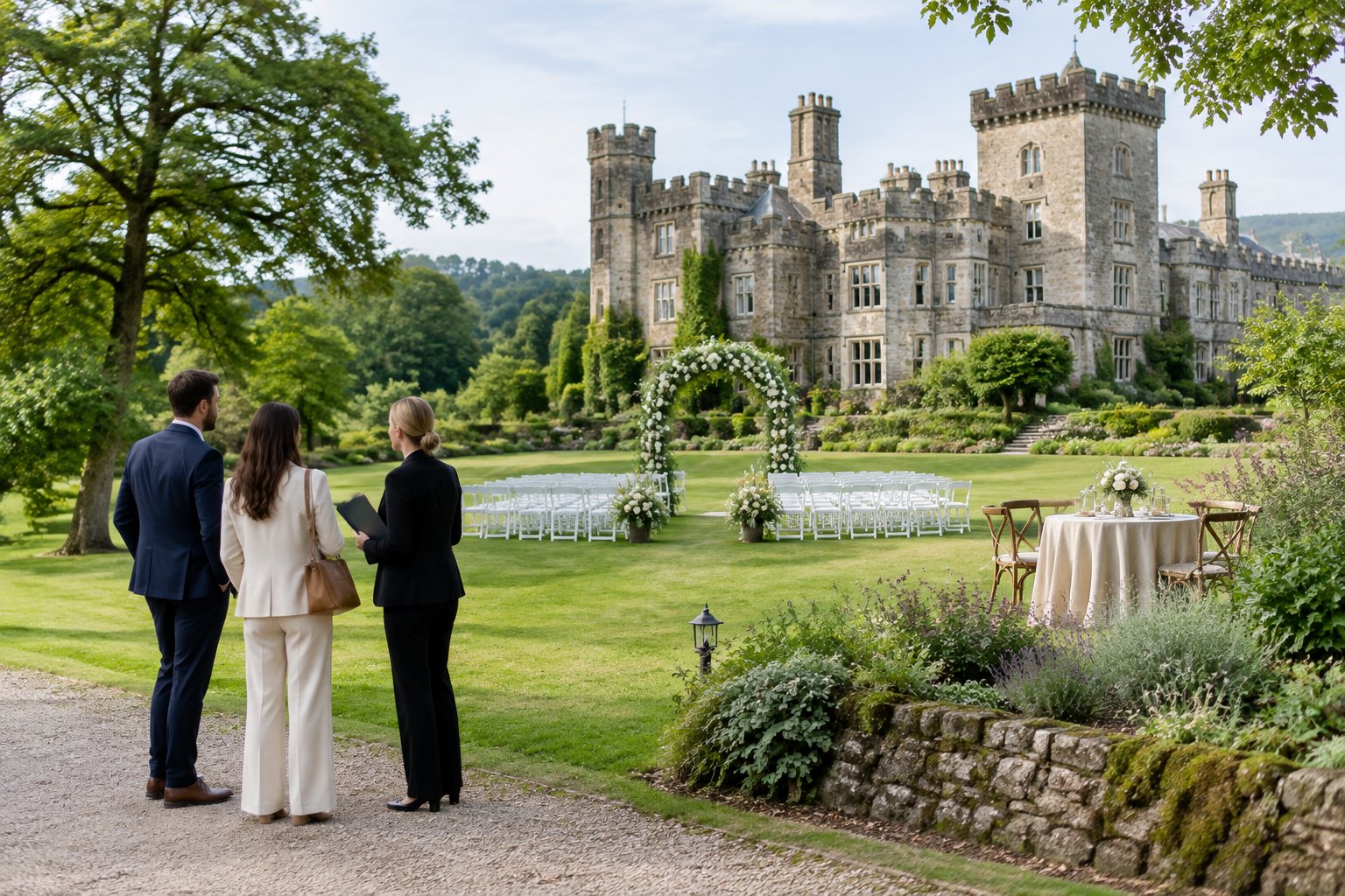 A historic stone castle wedding venue surrounded by green lawns and gardens, with a small outdoor ceremony setup and people touring the grounds.