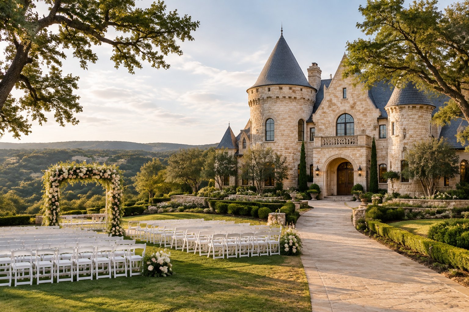 A castle-style wedding venue surrounded by gardens and rolling Texas Hill Country.