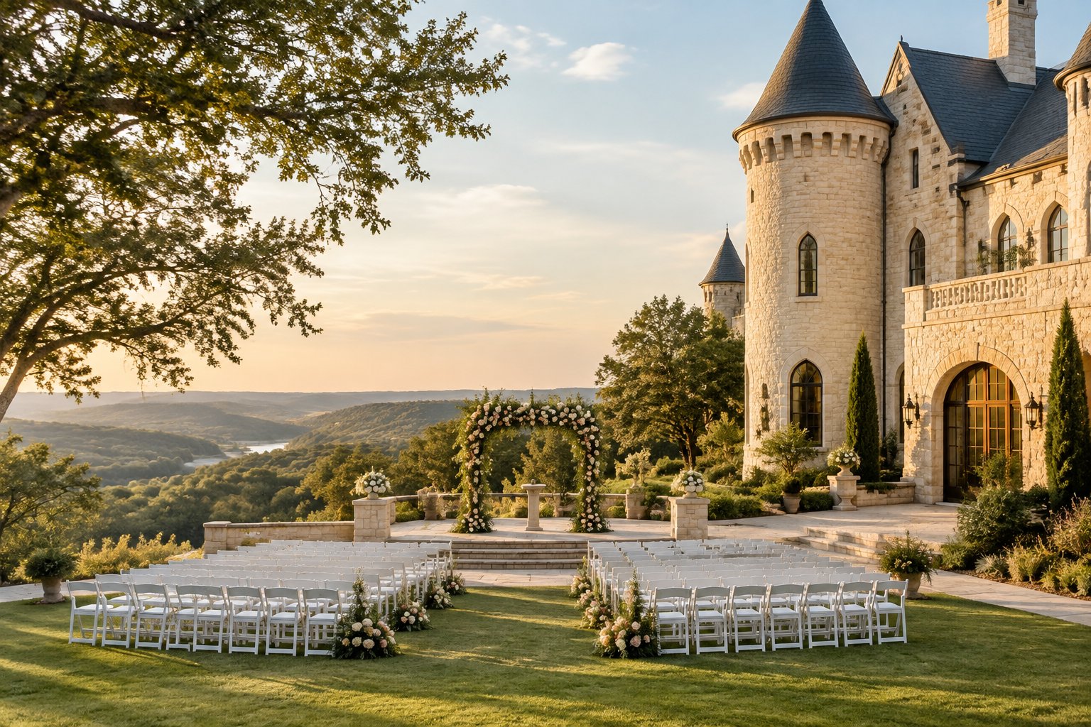 A castle-like stone wedding venue with a floral ceremony arch and white guest chairs in a landscaped courtyard.