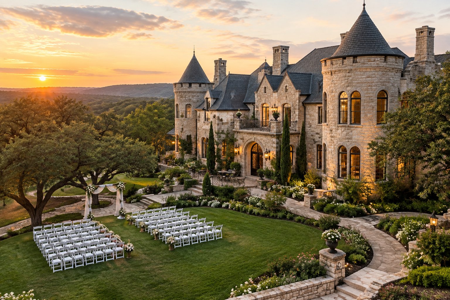 A historic stone castle wedding venue with landscaped grounds and an outdoor ceremony setup in the Texas Hill Country.