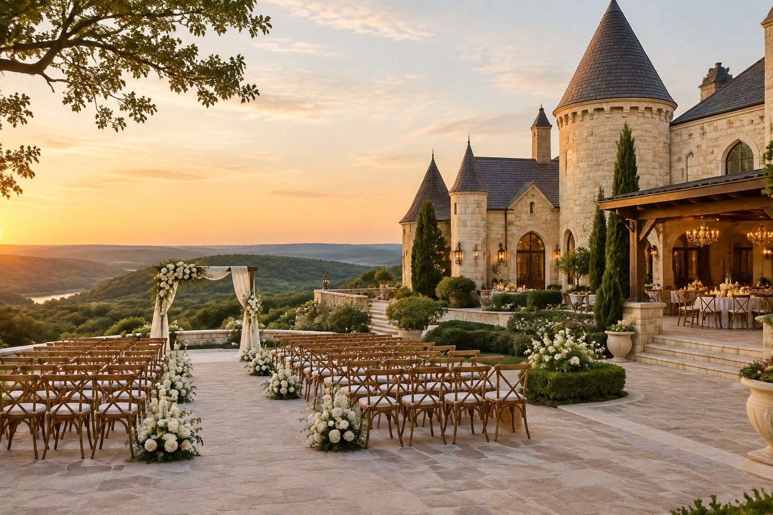 A stone castle wedding venue with manicured gardens, ceremony chairs, and rolling hills near Kerrville.