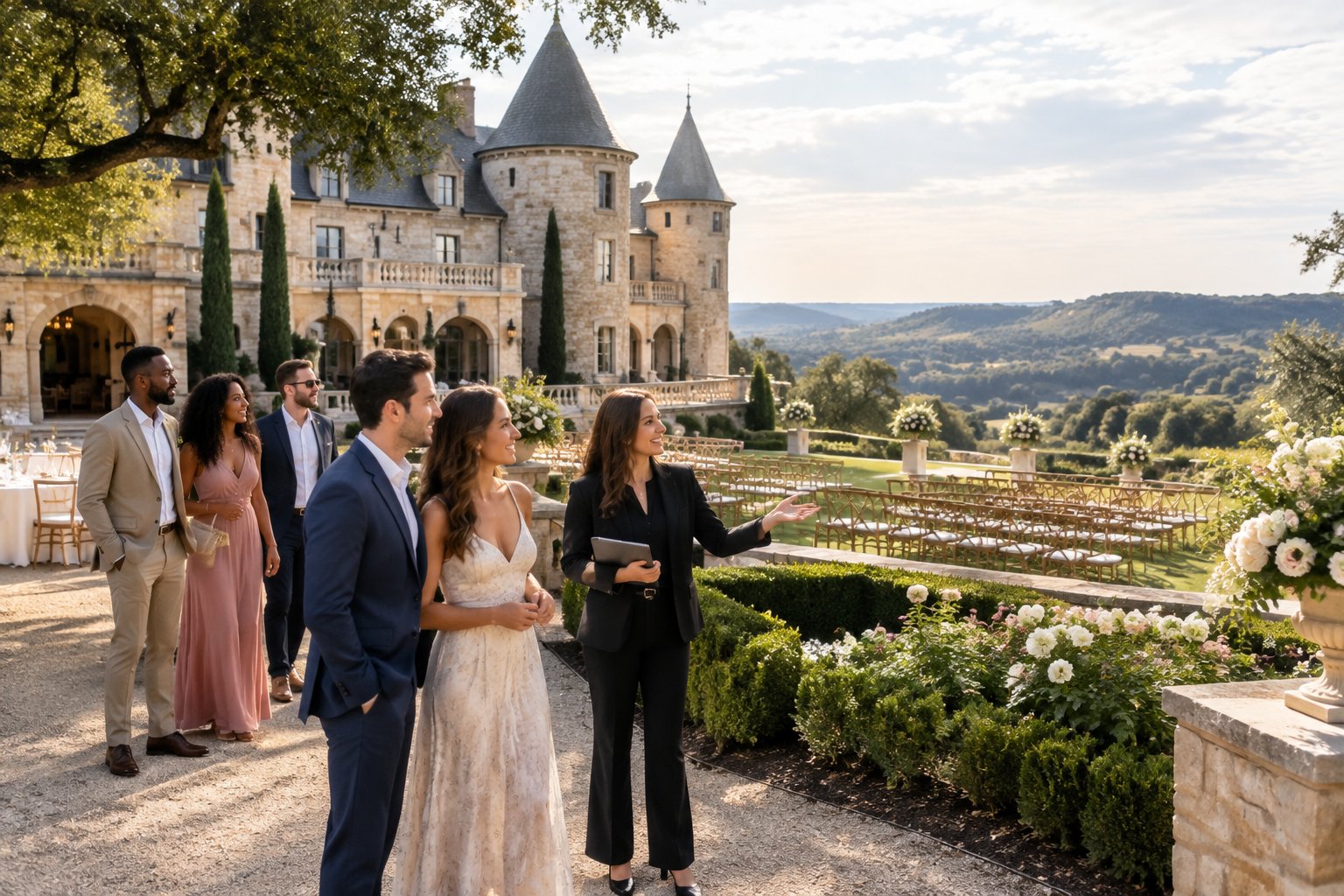 A couple and wedding guests tour an elegant castle venue and its landscaped grounds with a coordinator.