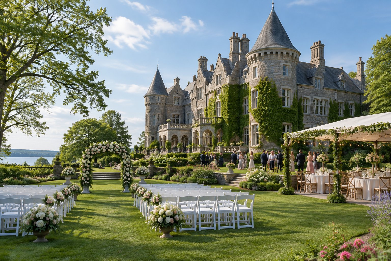A stone castle wedding venue surrounded by gardens with an outdoor ceremony setup.