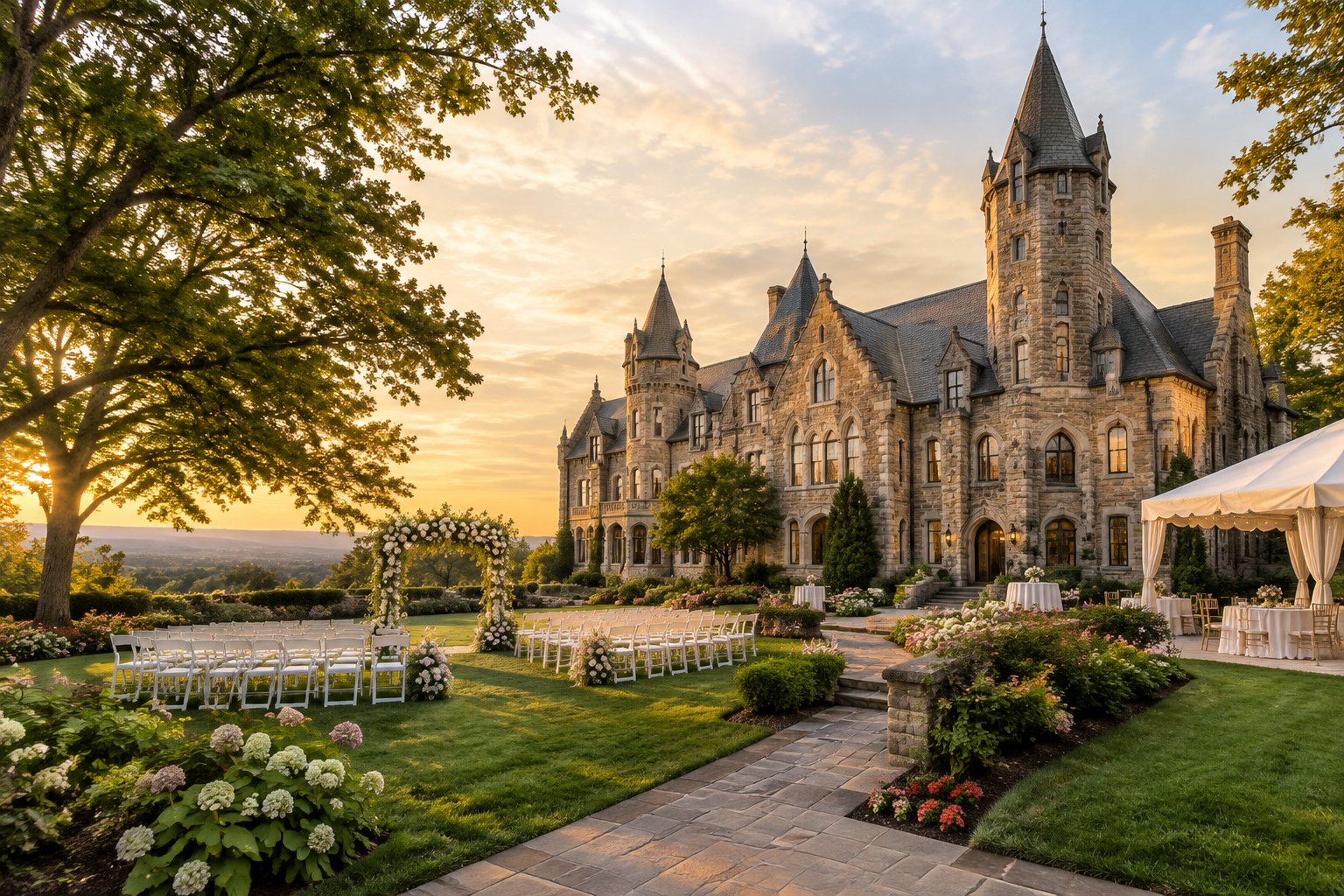 A grand stone castle-style wedding venue surrounded by manicured gardens and a flower-decorated outdoor ceremony area.