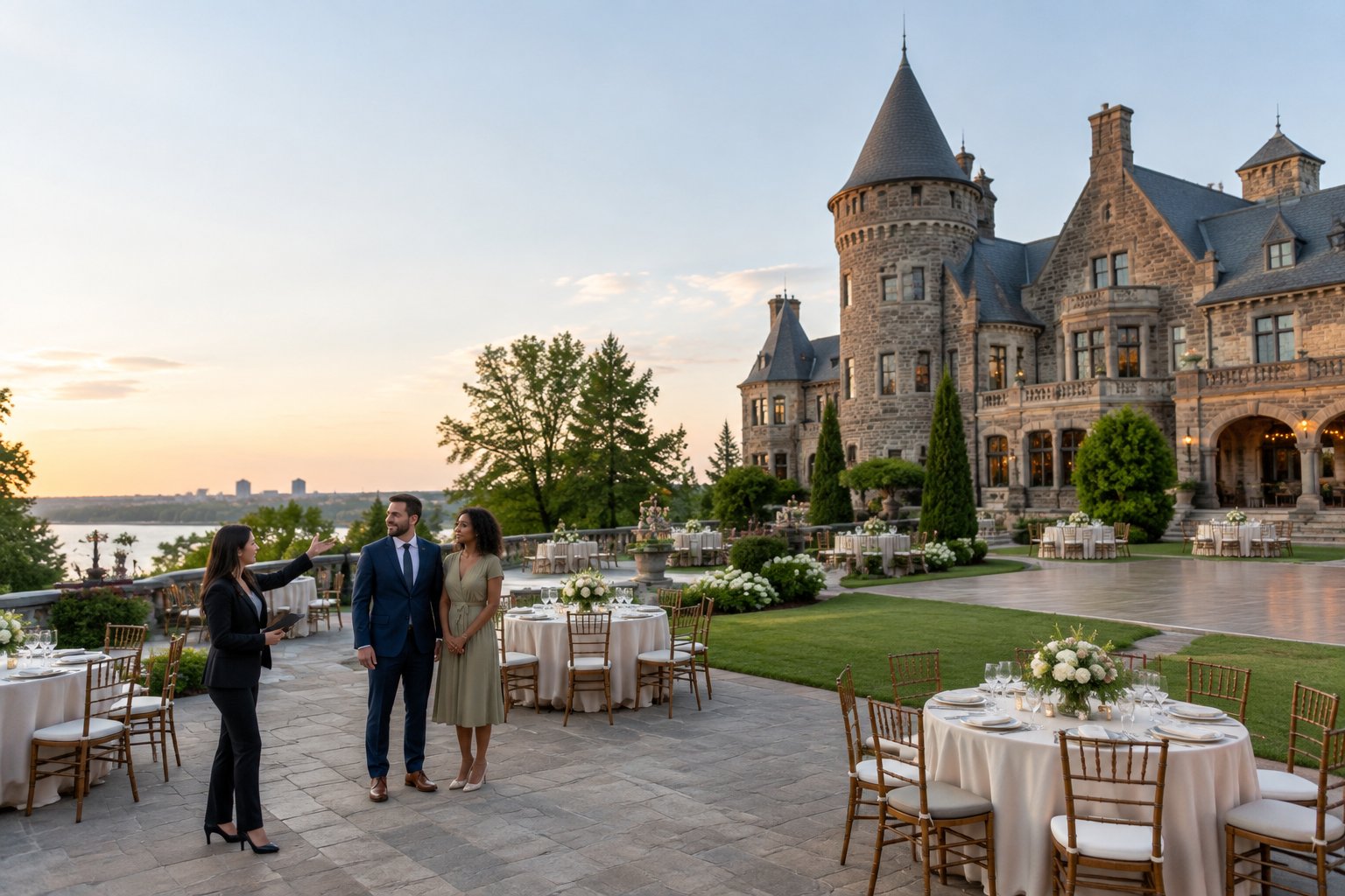 A couple and venue coordinator review a spacious wedding reception layout outside a historic castle venue.