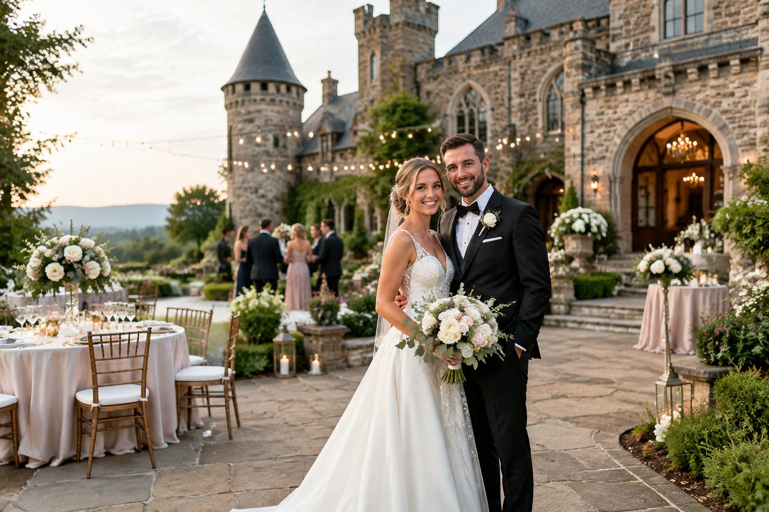 A bride and groom celebrate outside a grand castle-like wedding venue with elegant gardens and reception tables.