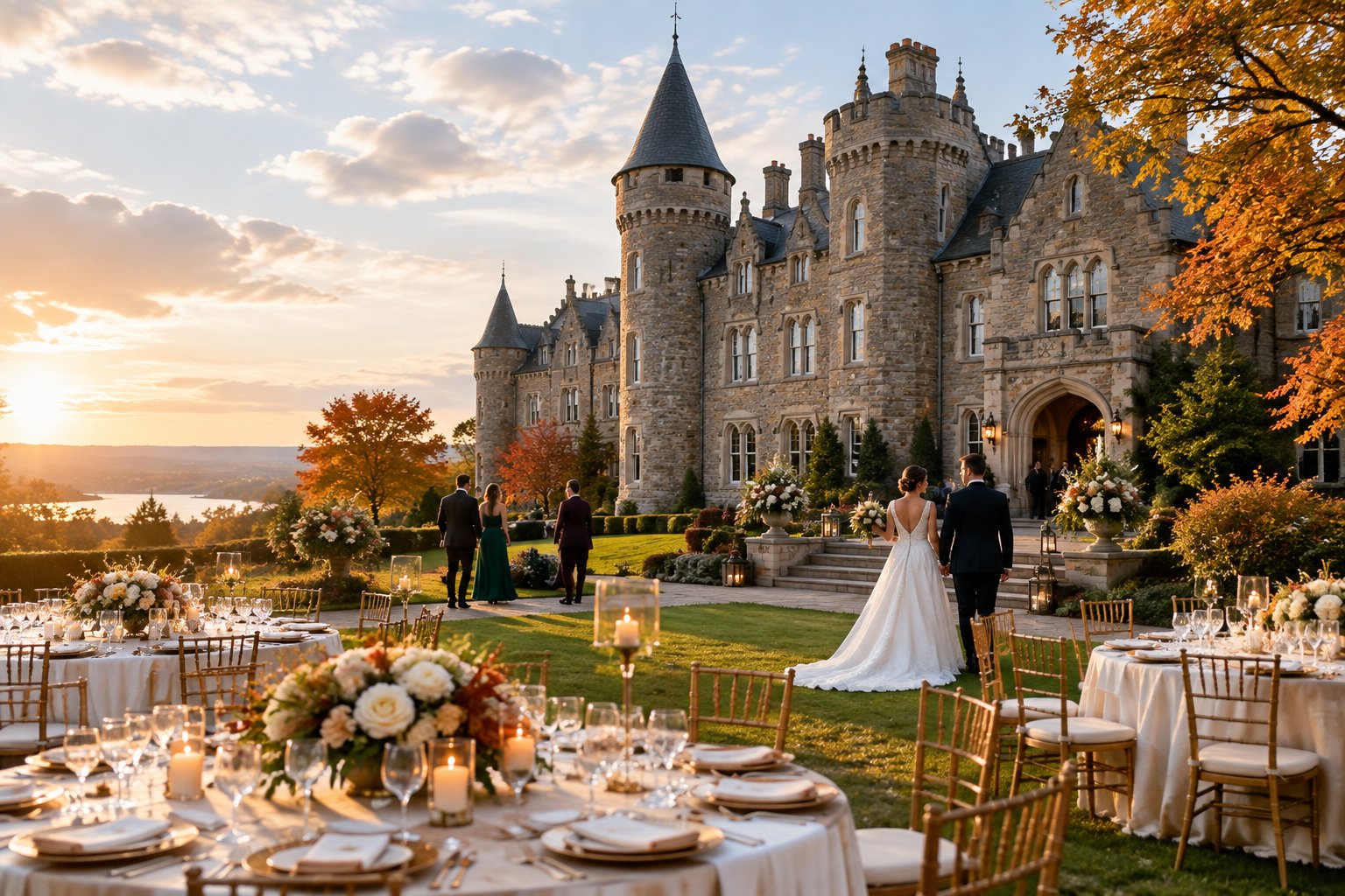 A newlywed couple and guests near a stone castle wedding venue with an elegant outdoor reception setup.