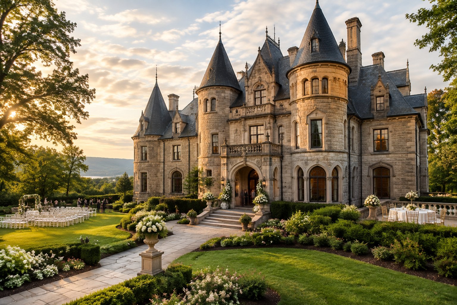 Historic castle-like mansion surrounded by landscaped grounds with subtle wedding decorations.