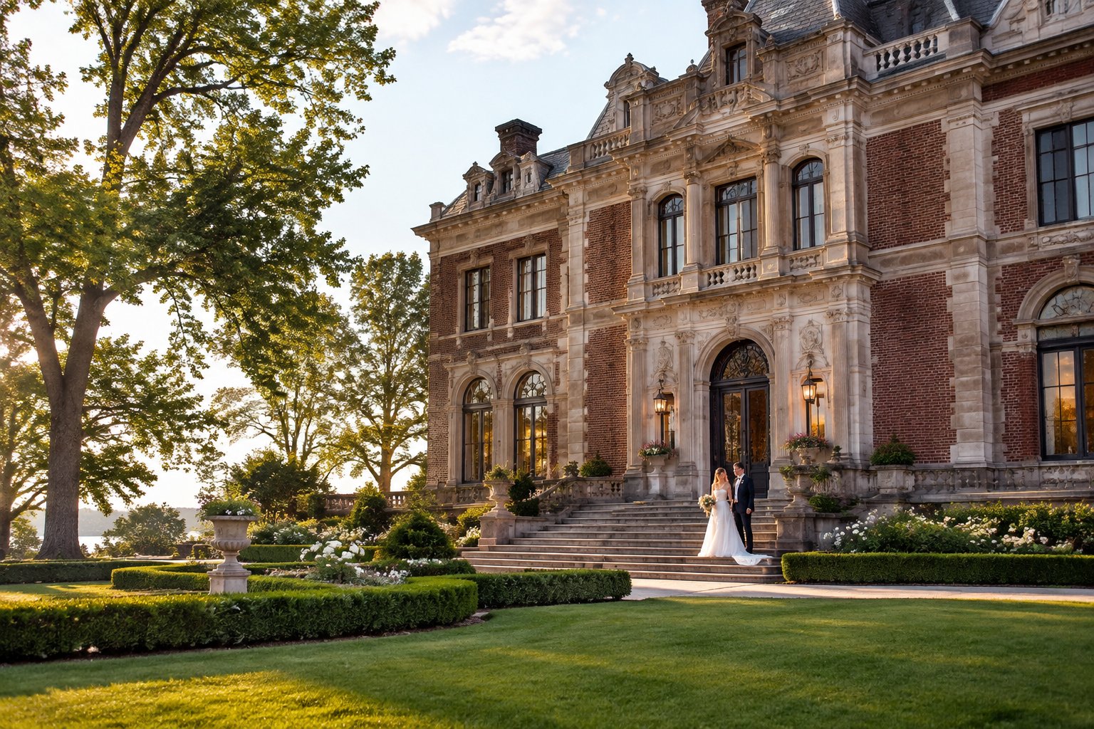 A bride and groom stand outside a grand historic mansion surrounded by formal gardens.