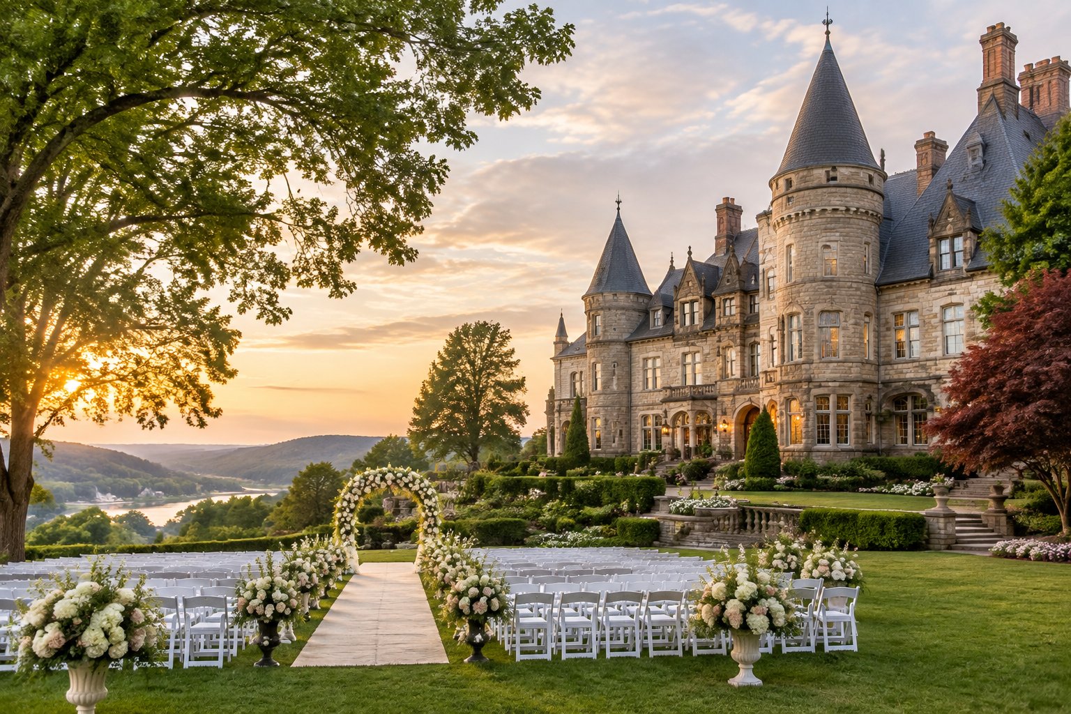 A historic stone castle-style mansion with landscaped grounds and an outdoor wedding ceremony setup.
