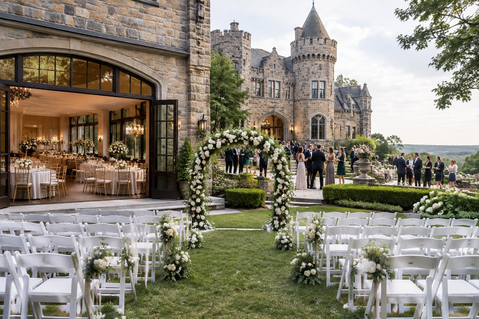 A castle wedding venue showing a ceremony lawn, elegant reception setting, and guests mingling in the landscaped grounds.
