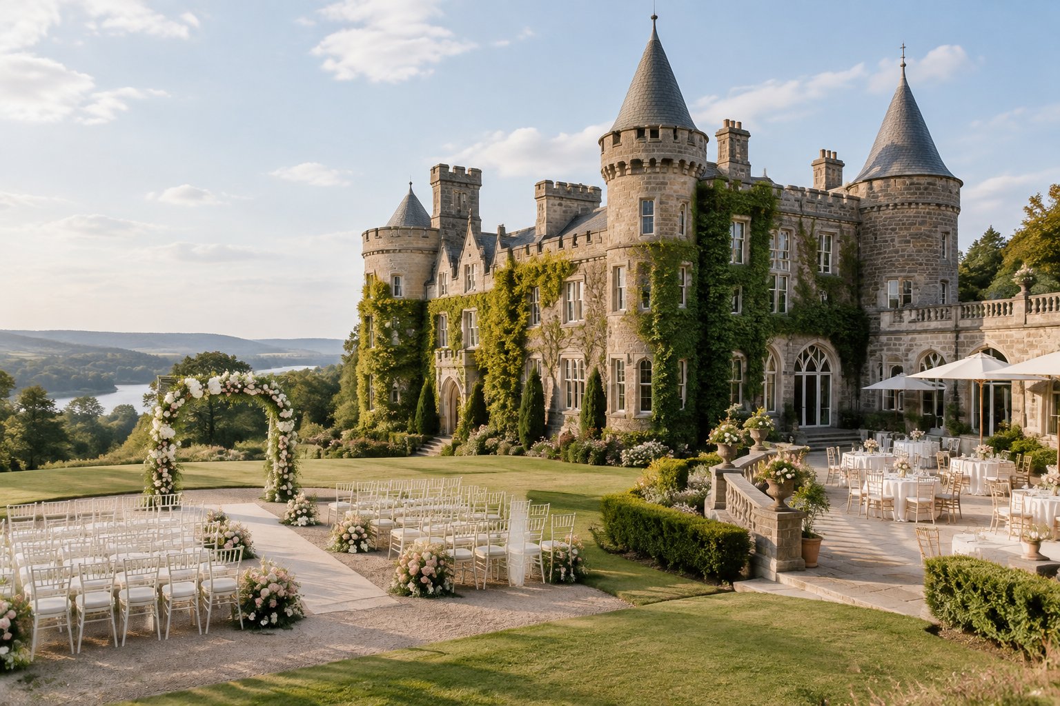 A grand stone castle wedding venue surrounded by landscaped gardens and a decorated outdoor ceremony area.
