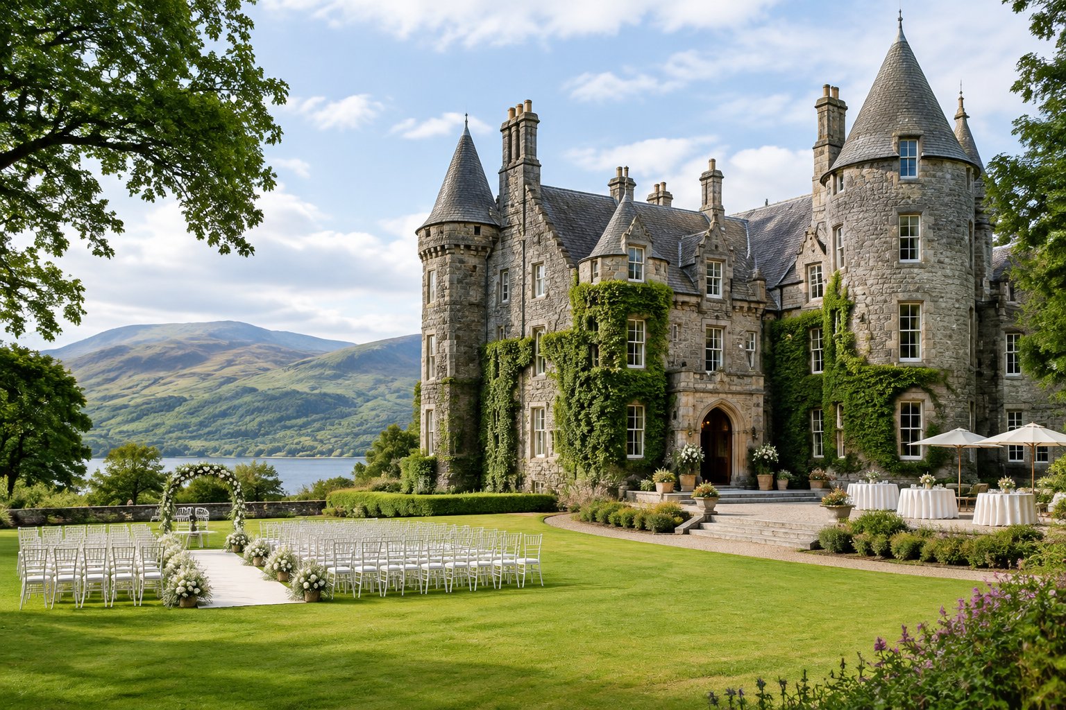 A historic stone castle with turrets and landscaped grounds arranged for a wedding.
