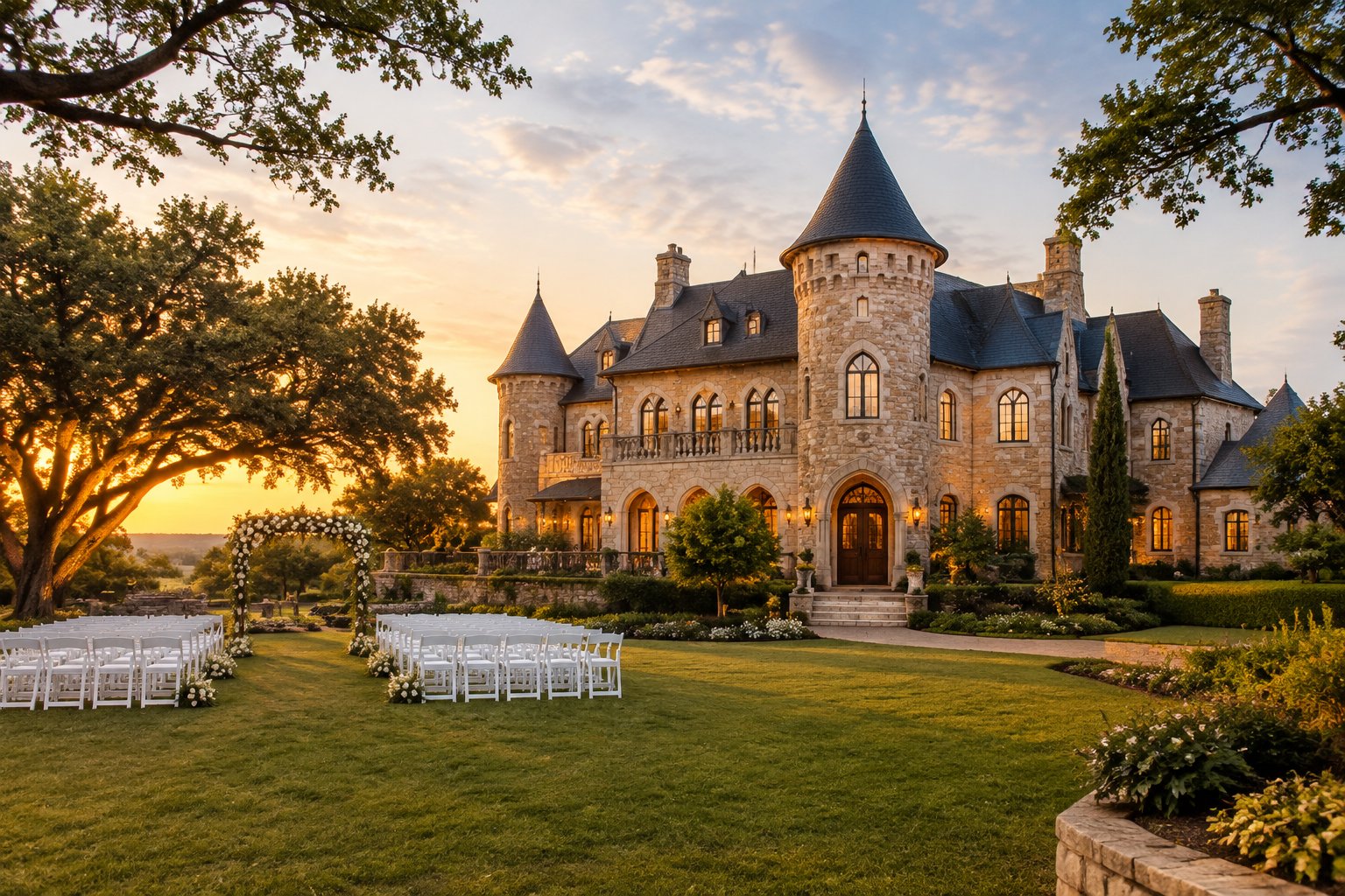 A castle-inspired wedding venue with turrets, gardens, and an outdoor ceremony setup.