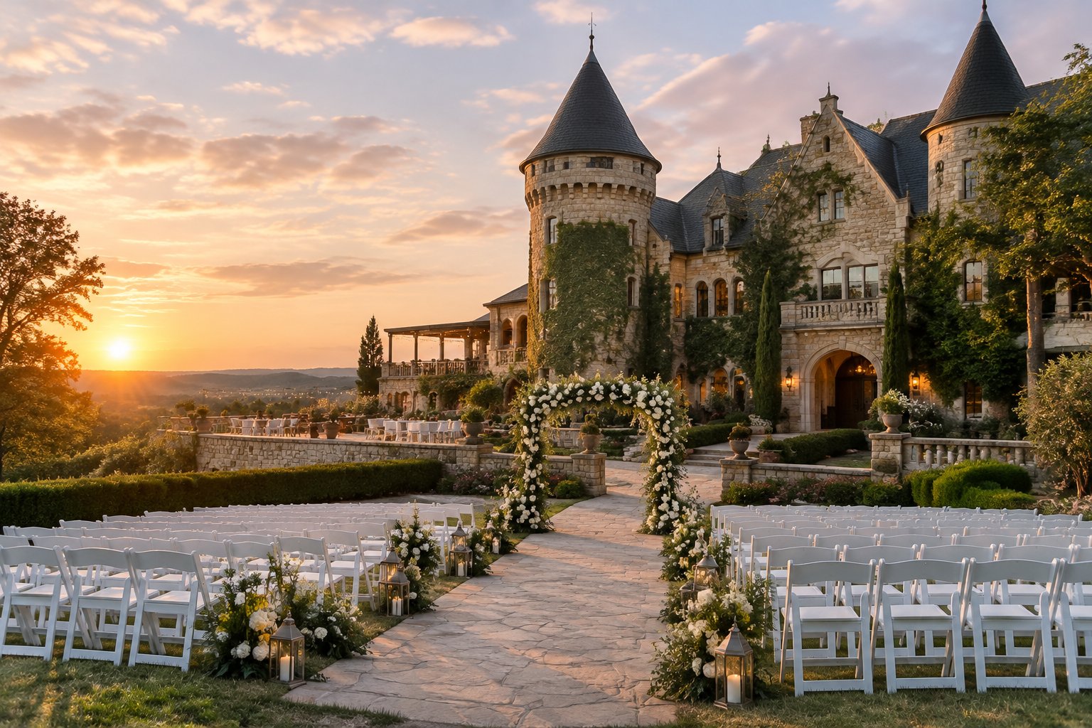 A stone castle-style wedding venue with turrets, gardens, and a decorated outdoor ceremony area at golden hour.