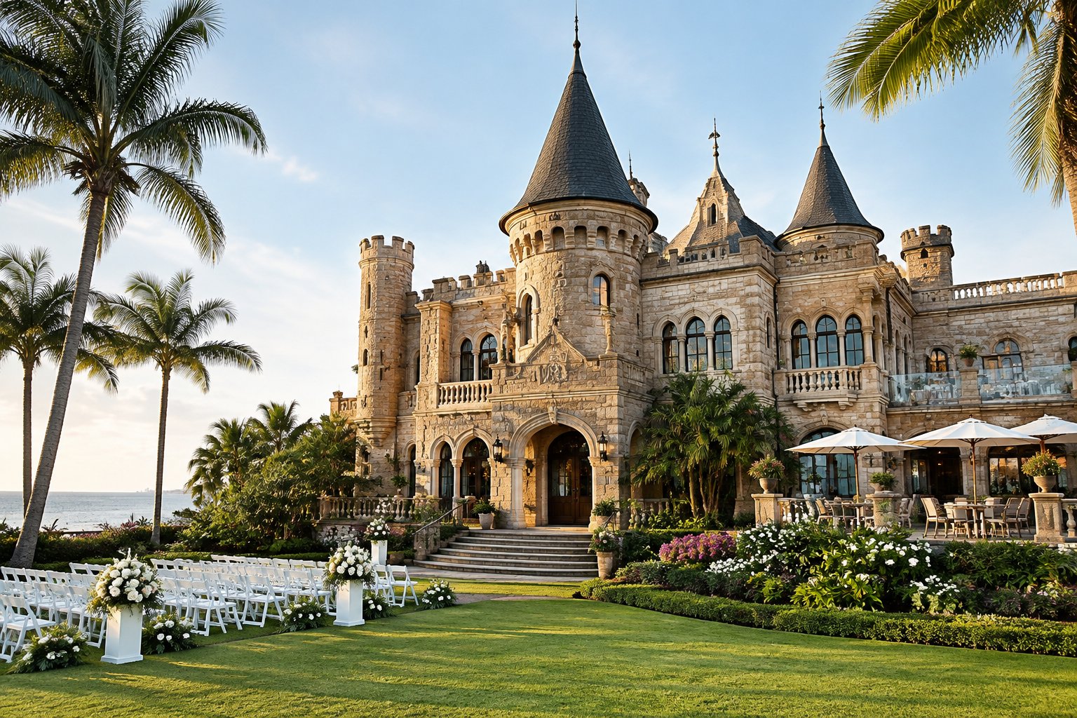 A grand castle-style wedding venue surrounded by tropical gardens and an outdoor ceremony area in Durban.