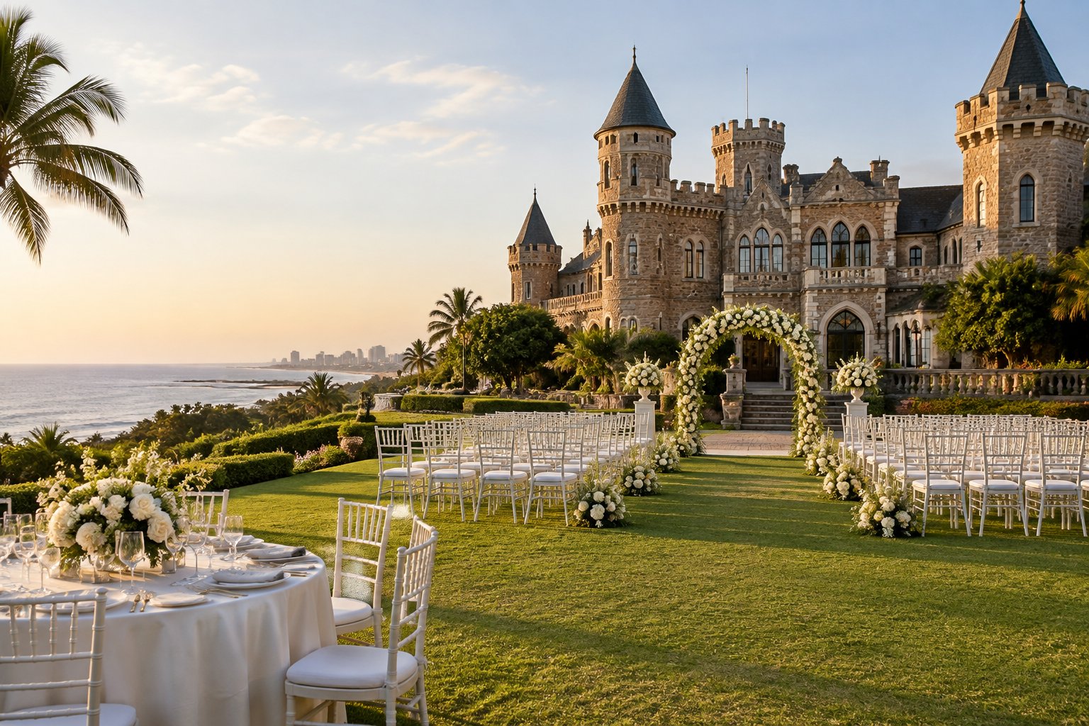 An elegant outdoor wedding ceremony setup on the lawn of a grand castle-style venue.