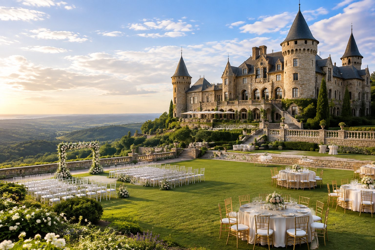 A stone castle wedding venue overlooks green hills, with decorated outdoor ceremony and reception areas on the lawn.