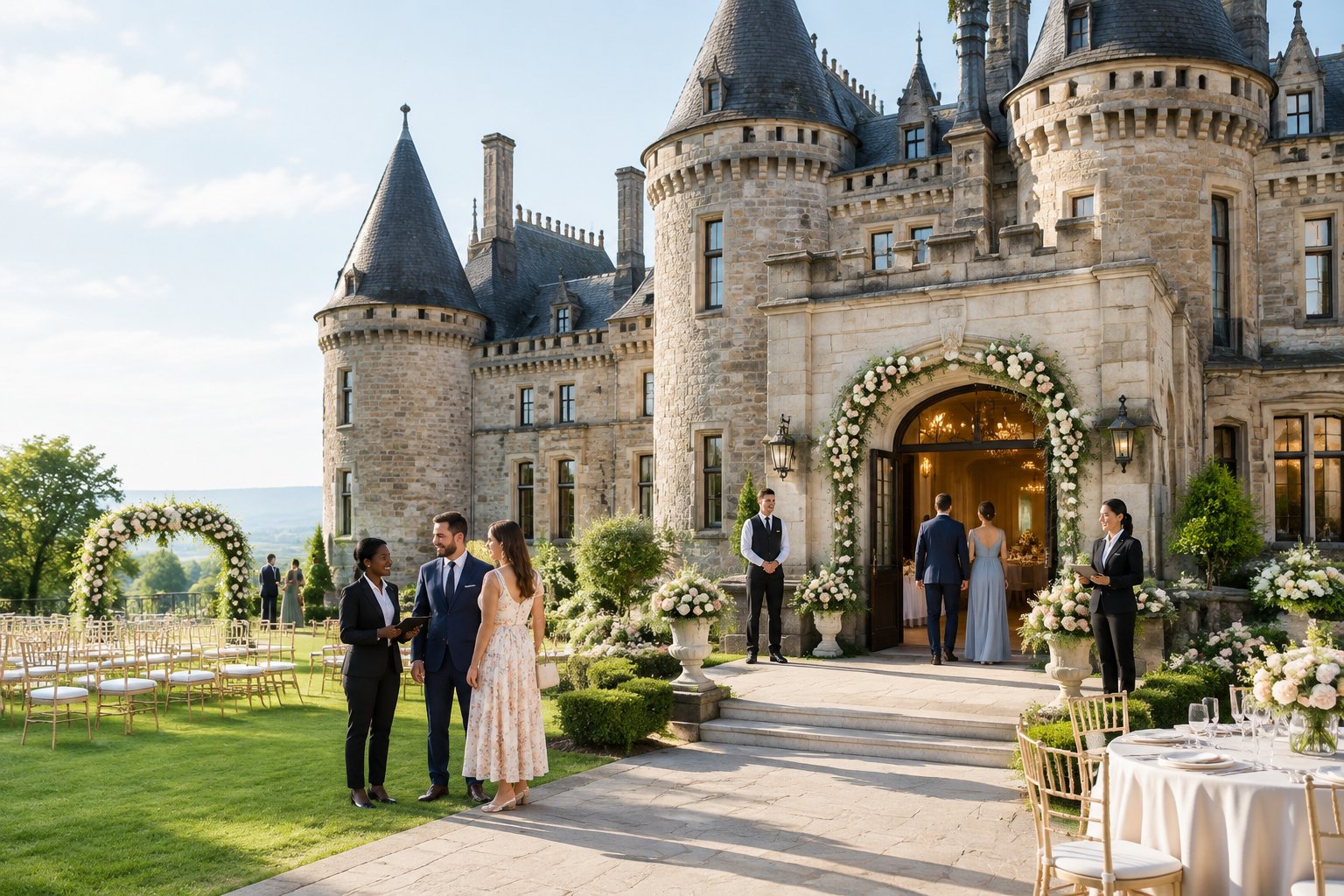 People tour a grand castle wedding venue while staff prepare the landscaped grounds for a ceremony.