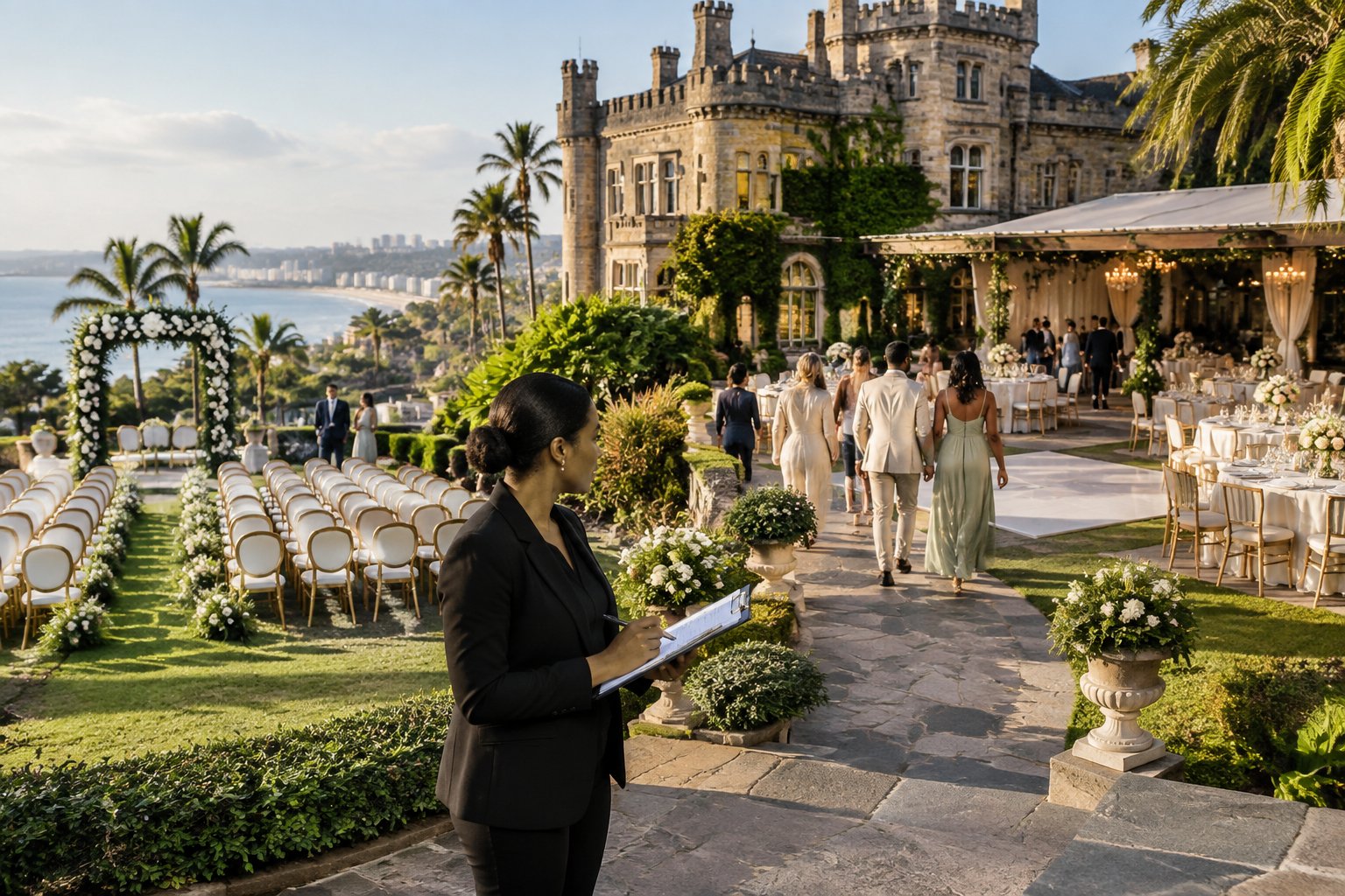 A wedding coordinator guides guests from a castle ceremony area toward an elegant reception setup in Durban.