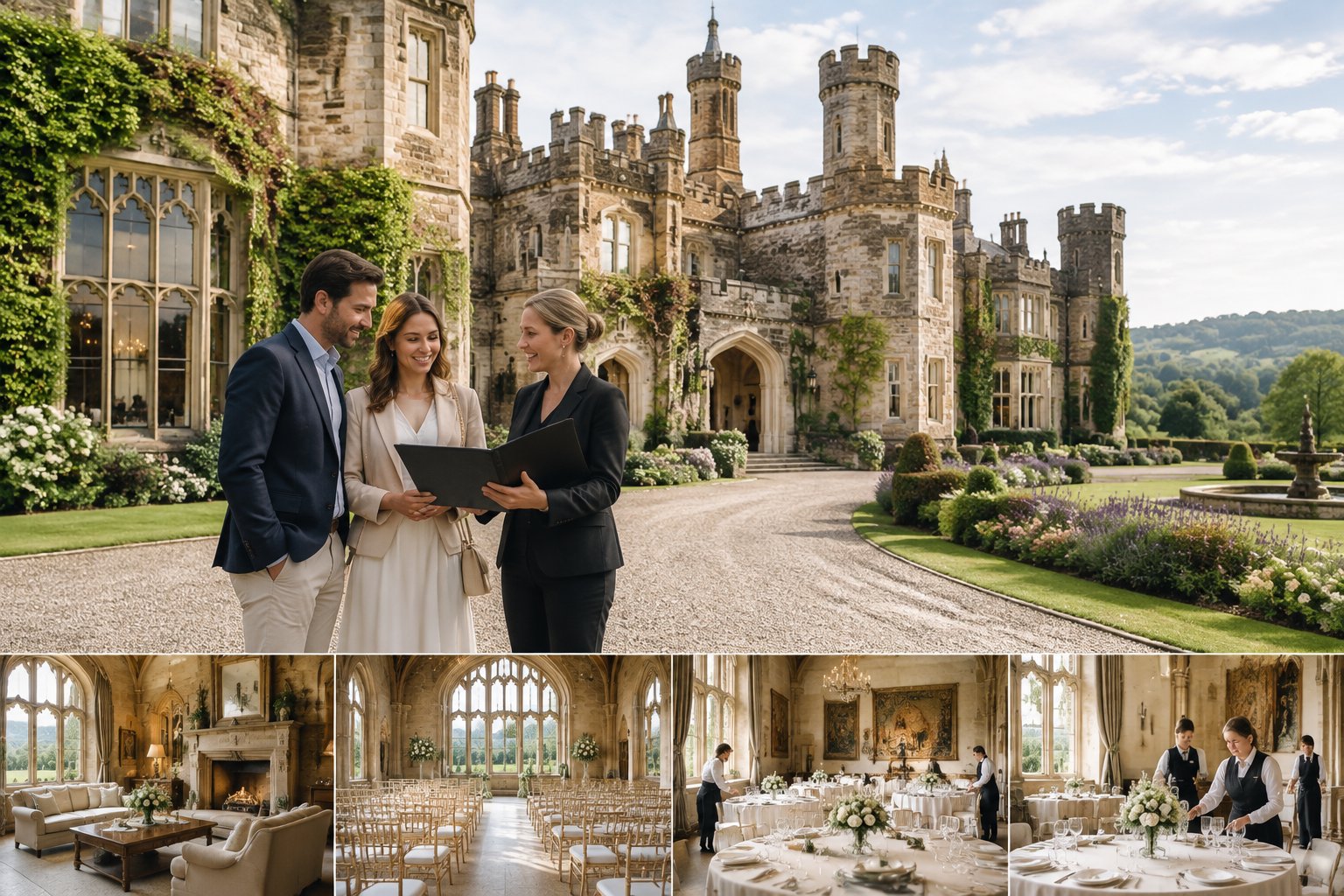 A couple discusses wedding arrangements with a venue coordinator outside a historic castle prepared for a wedding.
