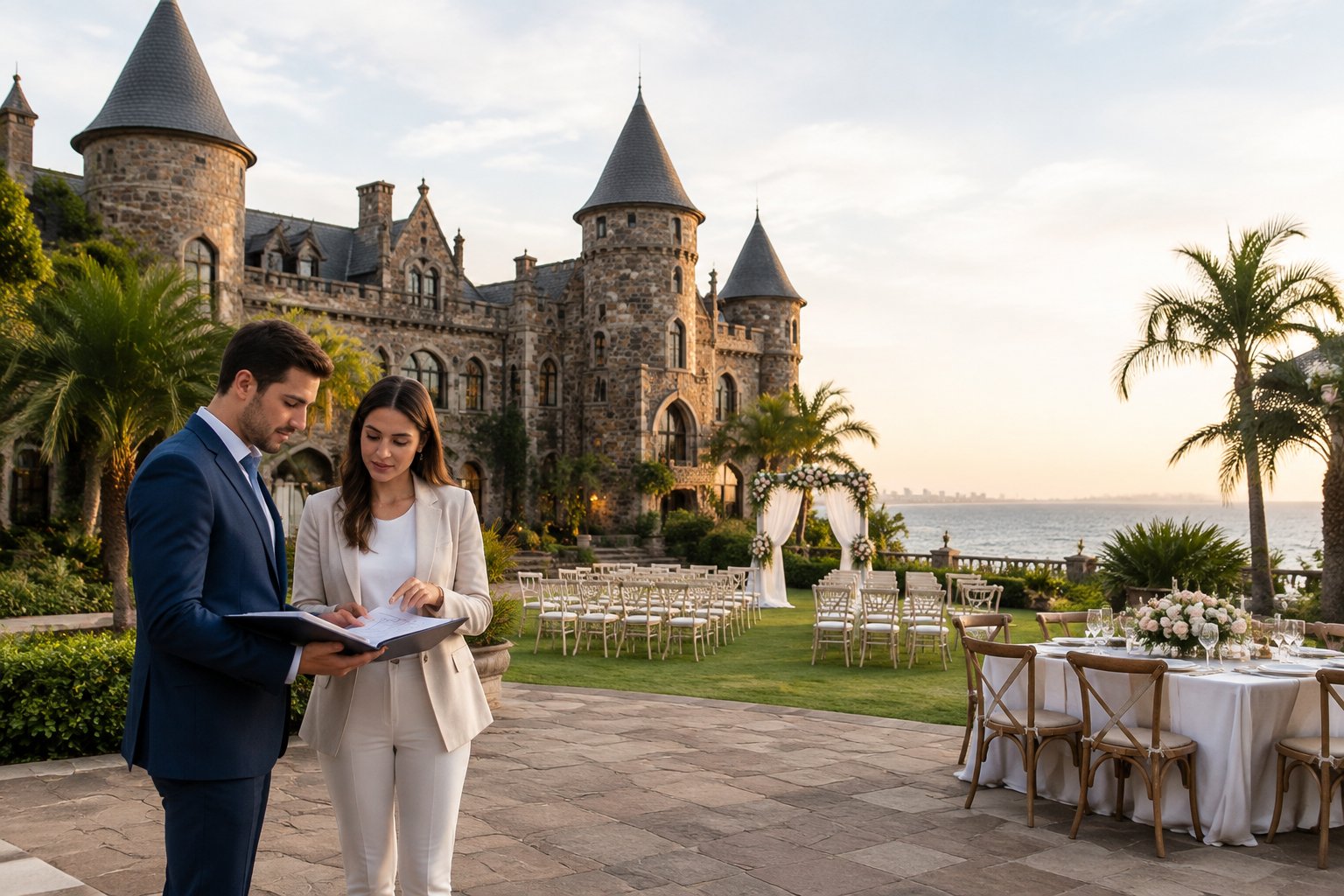 A couple reviews wedding venue details outside a castle-style venue in a landscaped garden.