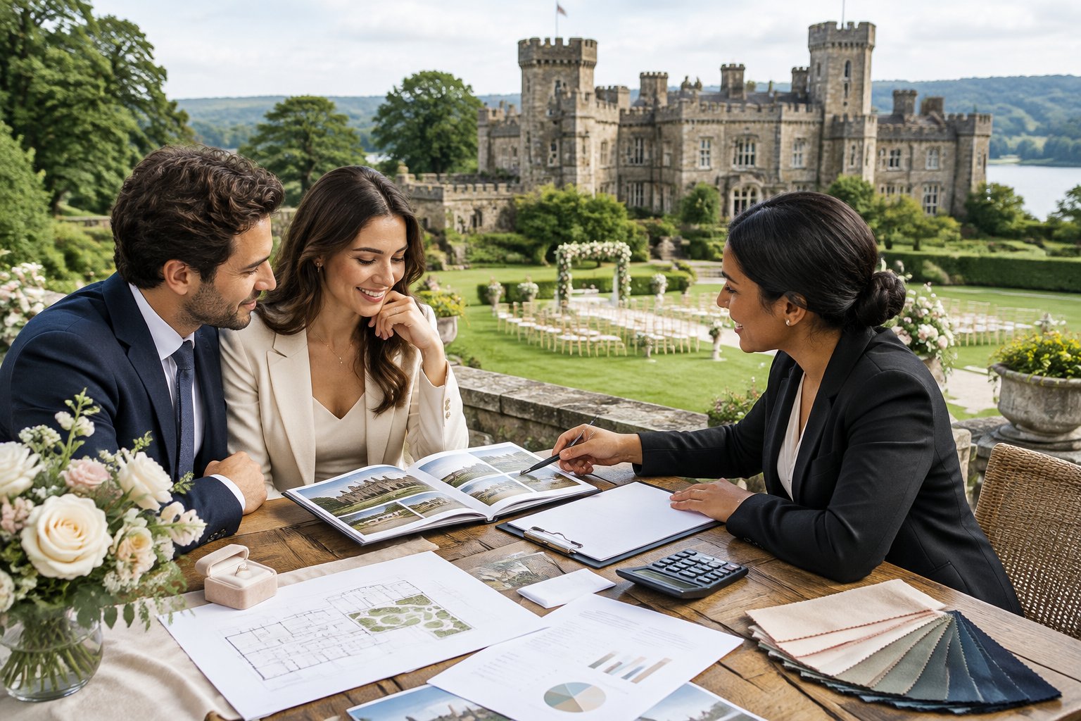 A couple meets with a wedding planner to discuss the budget for a castle wedding venue.