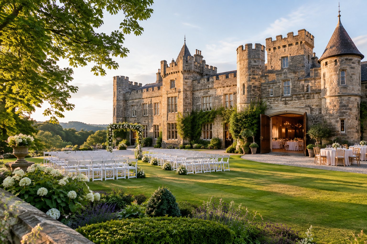 Elegant castle wedding venue with landscaped gardens and a decorated outdoor ceremony area.