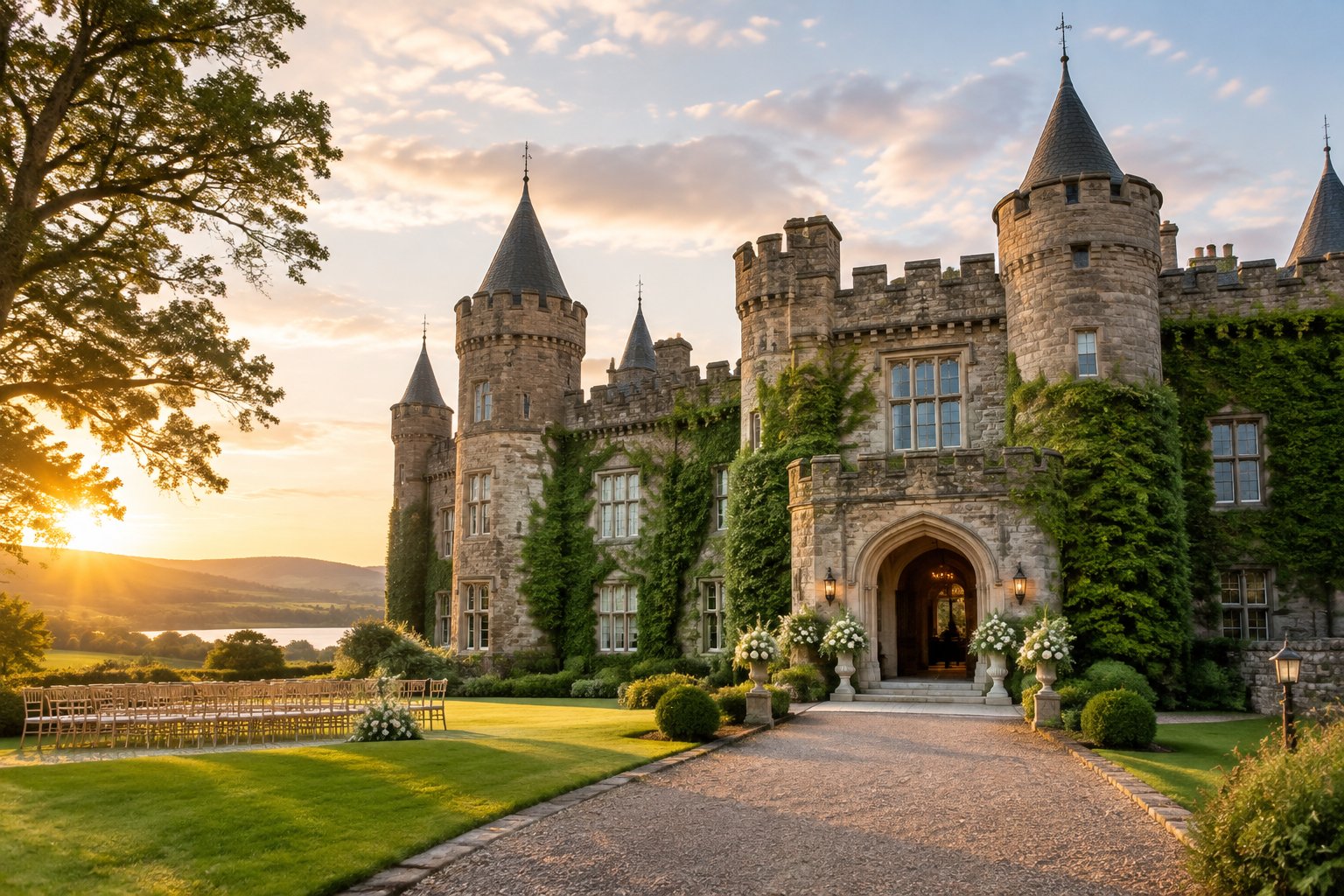 Historic stone castle wedding venue surrounded by landscaped gardens and countryside.