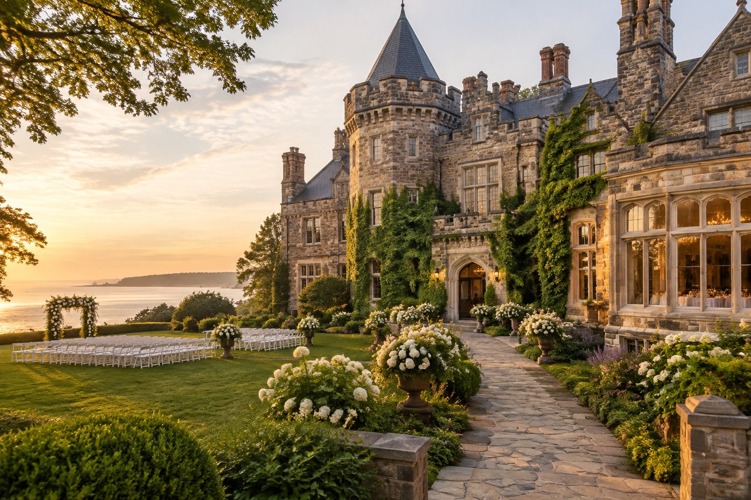 A historic stone castle wedding venue surrounded by landscaped gardens and a decorated outdoor ceremony area.