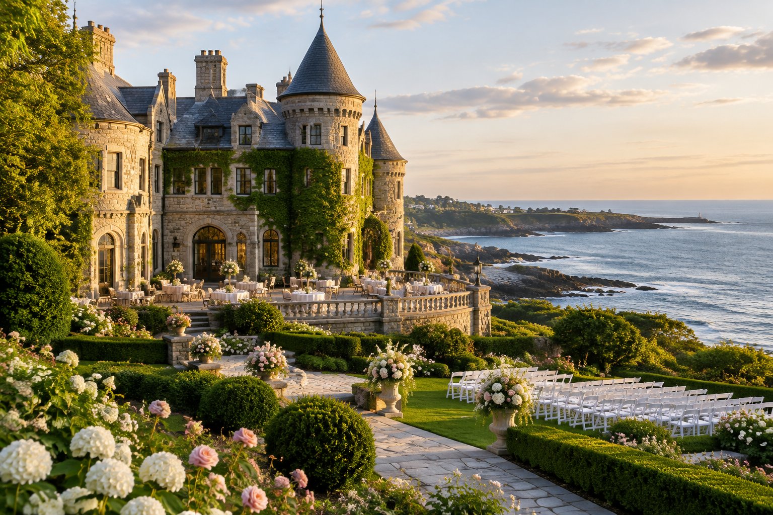 A historic stone castle wedding venue overlooking a New England coast, surrounded by formal gardens and wedding chairs.