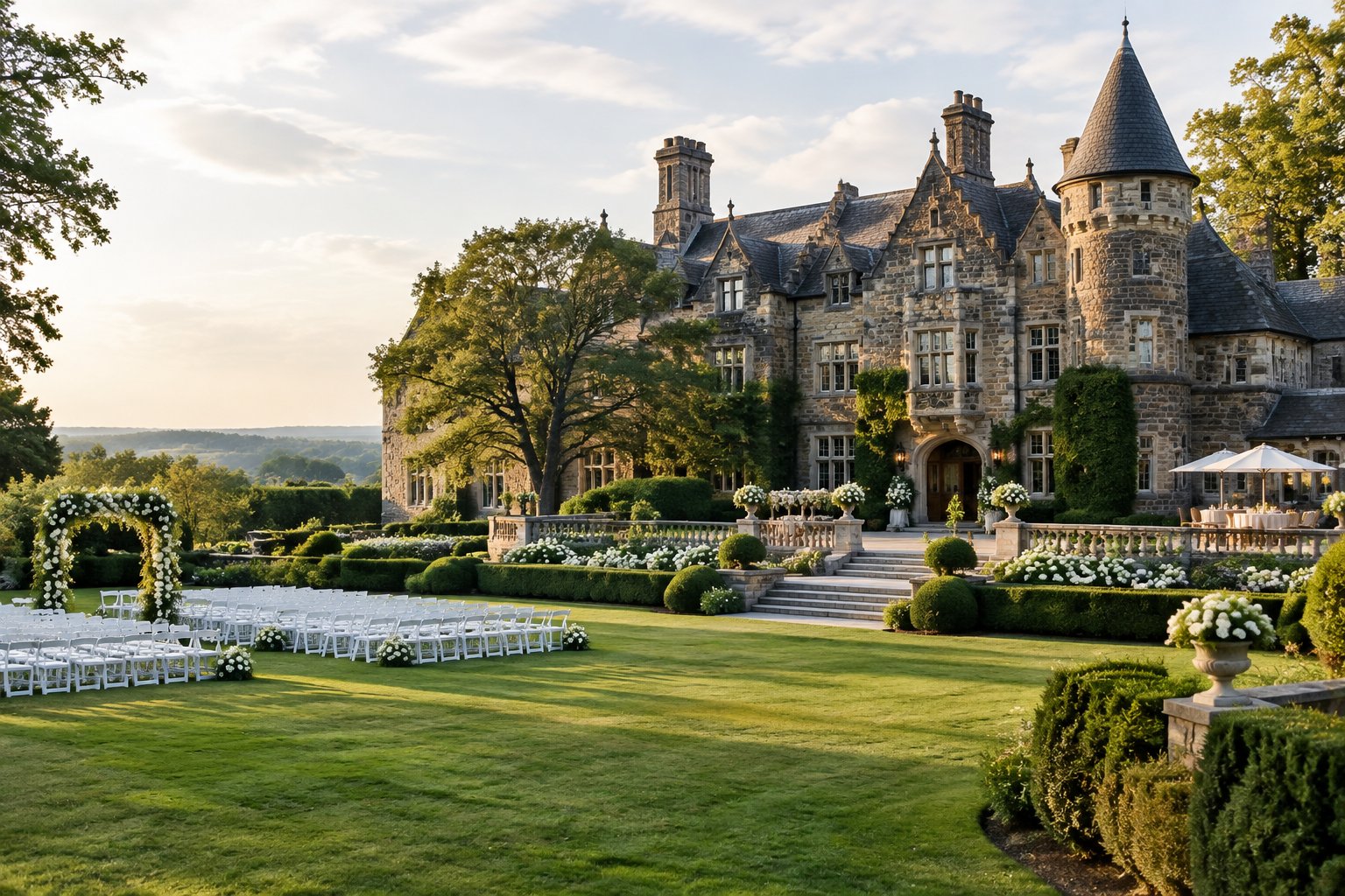 A grand historic castle estate with formal gardens prepared for a wedding celebration.