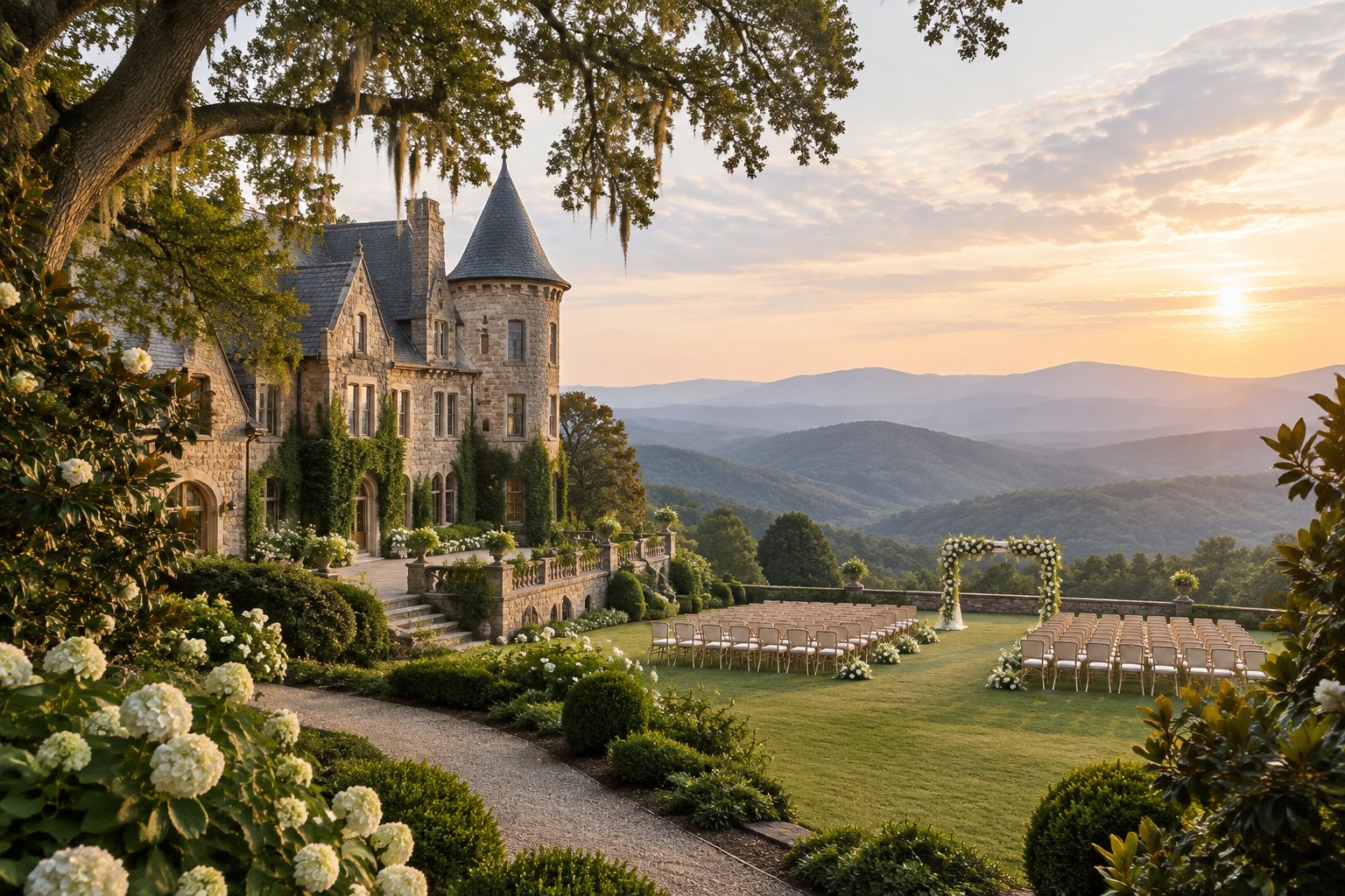 A grand stone castle wedding venue surrounded by gardens and mature trees, with the Blue Ridge Mountains in the background.