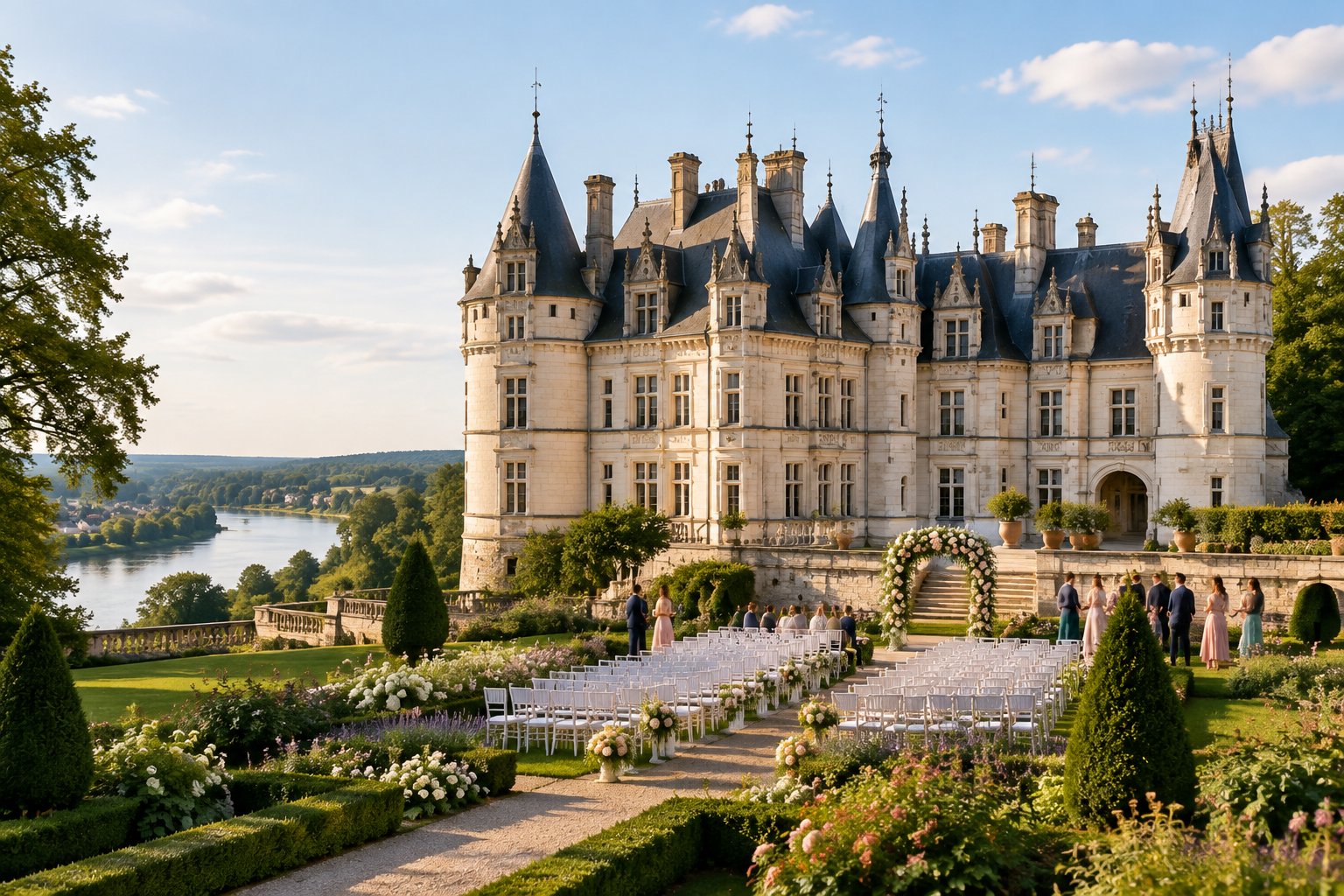 A French château wedding venue surrounded by formal gardens, with white ceremony chairs and floral decorations arranged in front.