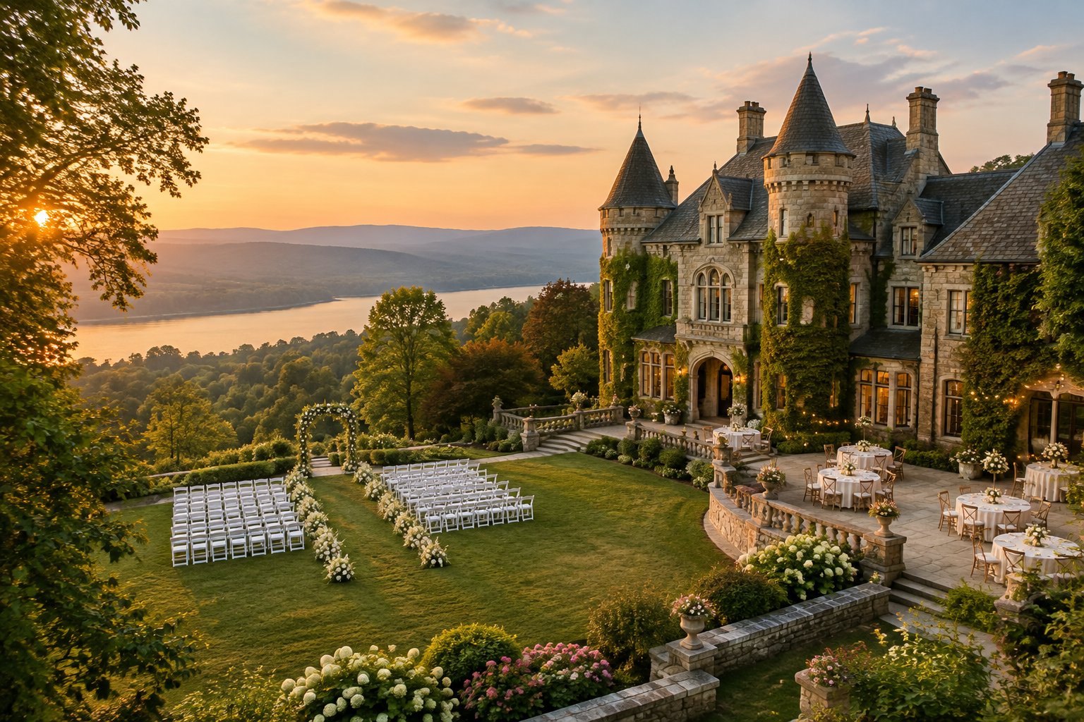 A stone castle wedding venue surrounded by landscaped gardens and rolling Hudson Valley hills.