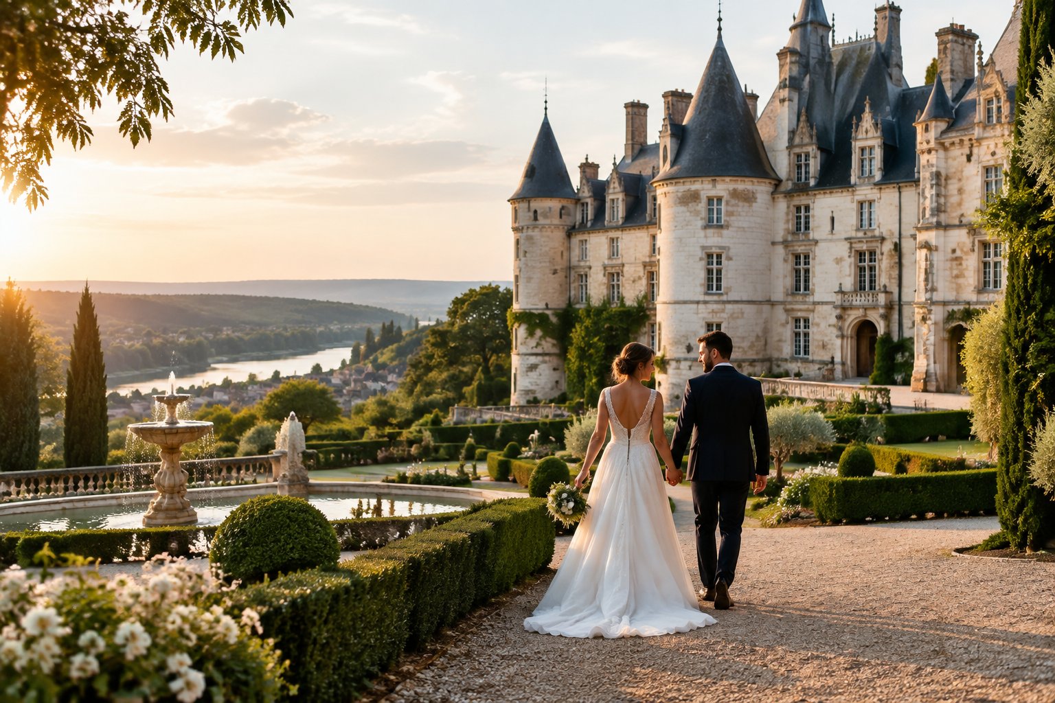 A newlywed couple walks through the gardens of a grand French château.