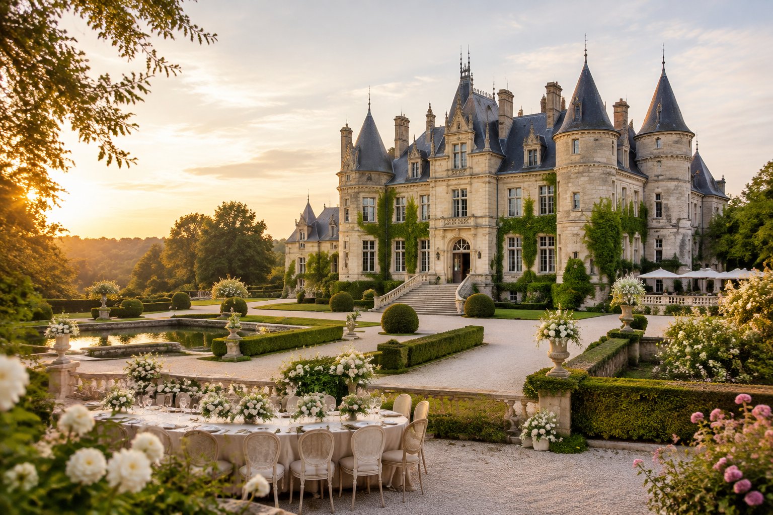 A historic French château surrounded by formal gardens with an elegant outdoor wedding setting.