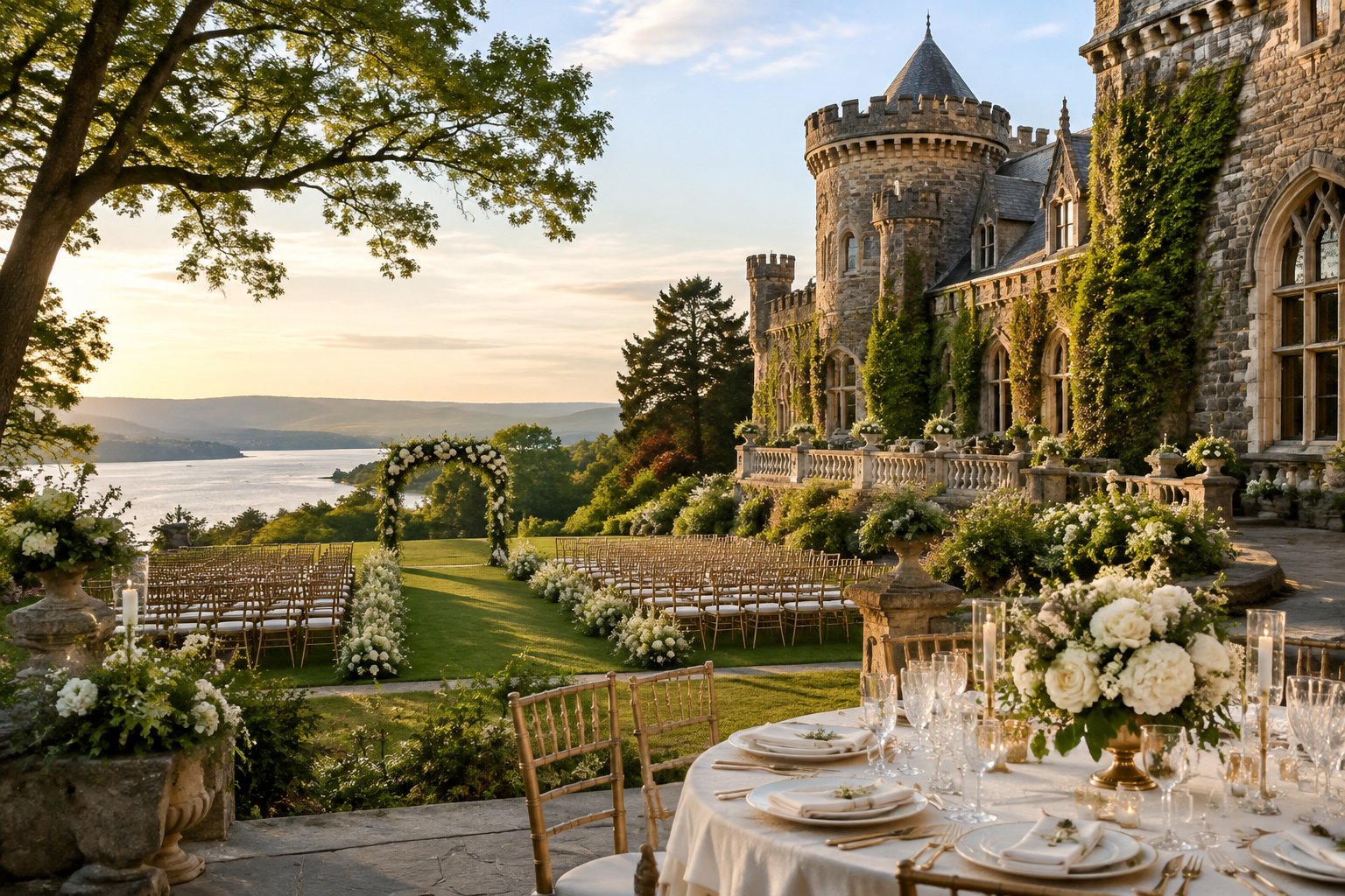 A stone castle wedding venue overlooks the Hudson River, surrounded by gardens and an elegant outdoor ceremony setup.