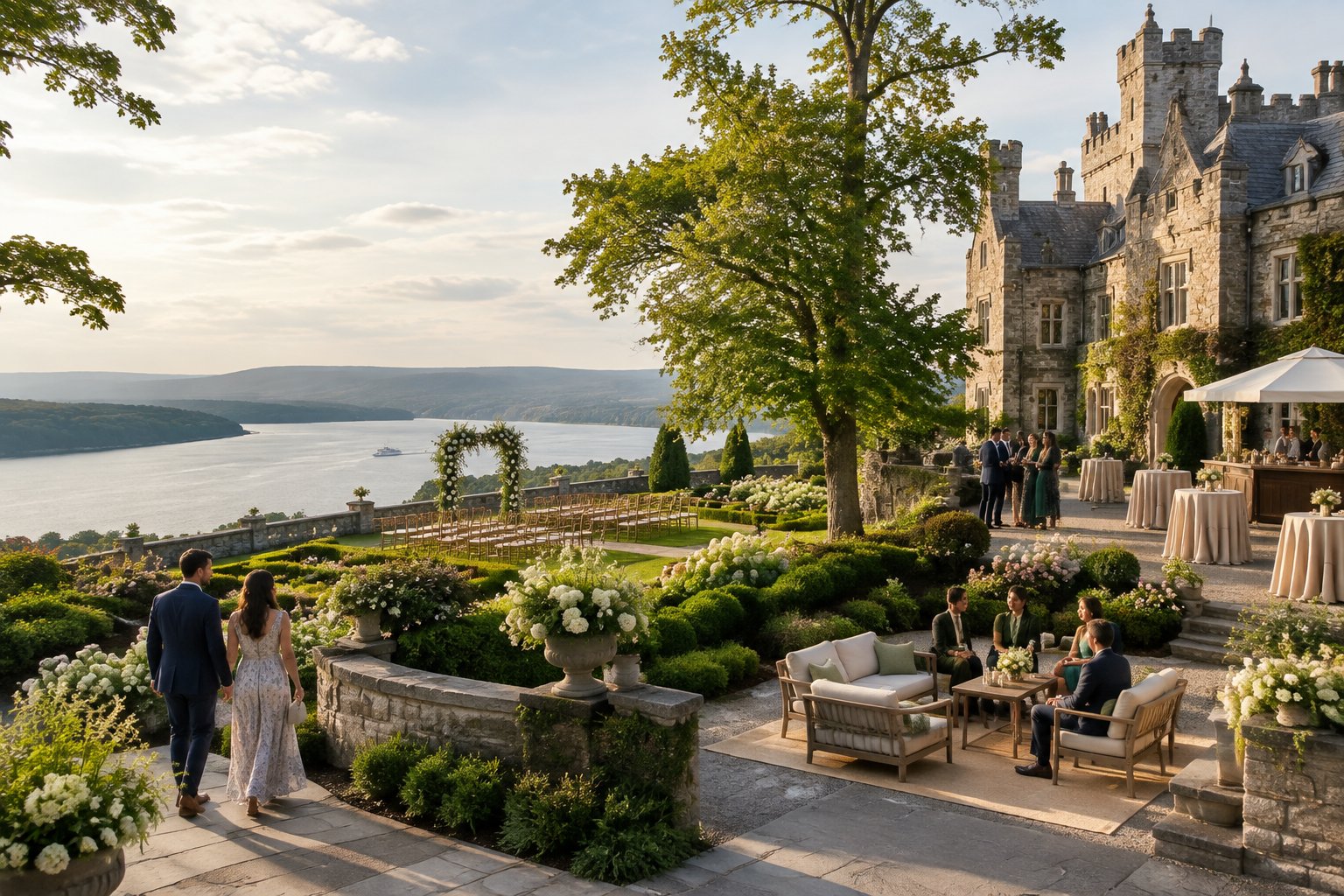 Wedding guests explore the gardens of a historic castle overlooking the Hudson River.