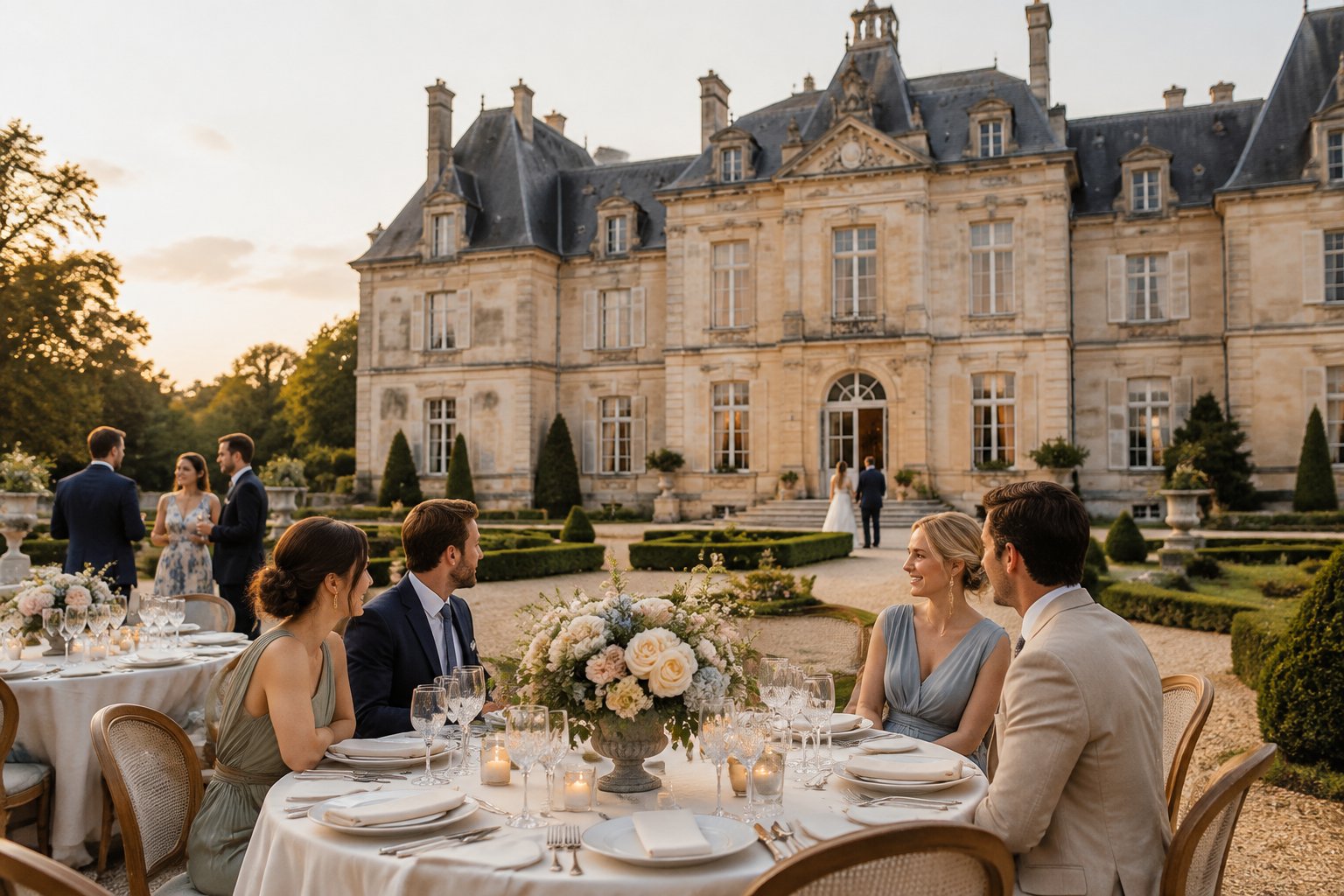 An elegant wedding reception on the grounds of a French château with guests and a decorated dining table.