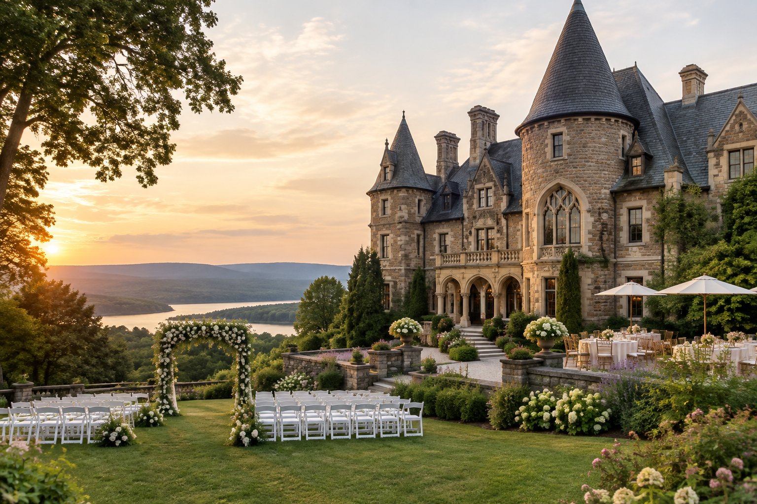 A grand castle-like wedding estate surrounded by gardens and rolling Hudson Valley scenery.