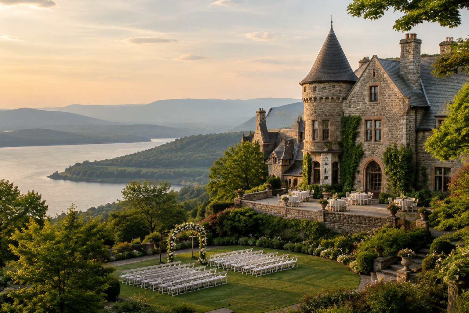 A historic stone castle wedding venue overlooks the Hudson River and surrounding green hills.