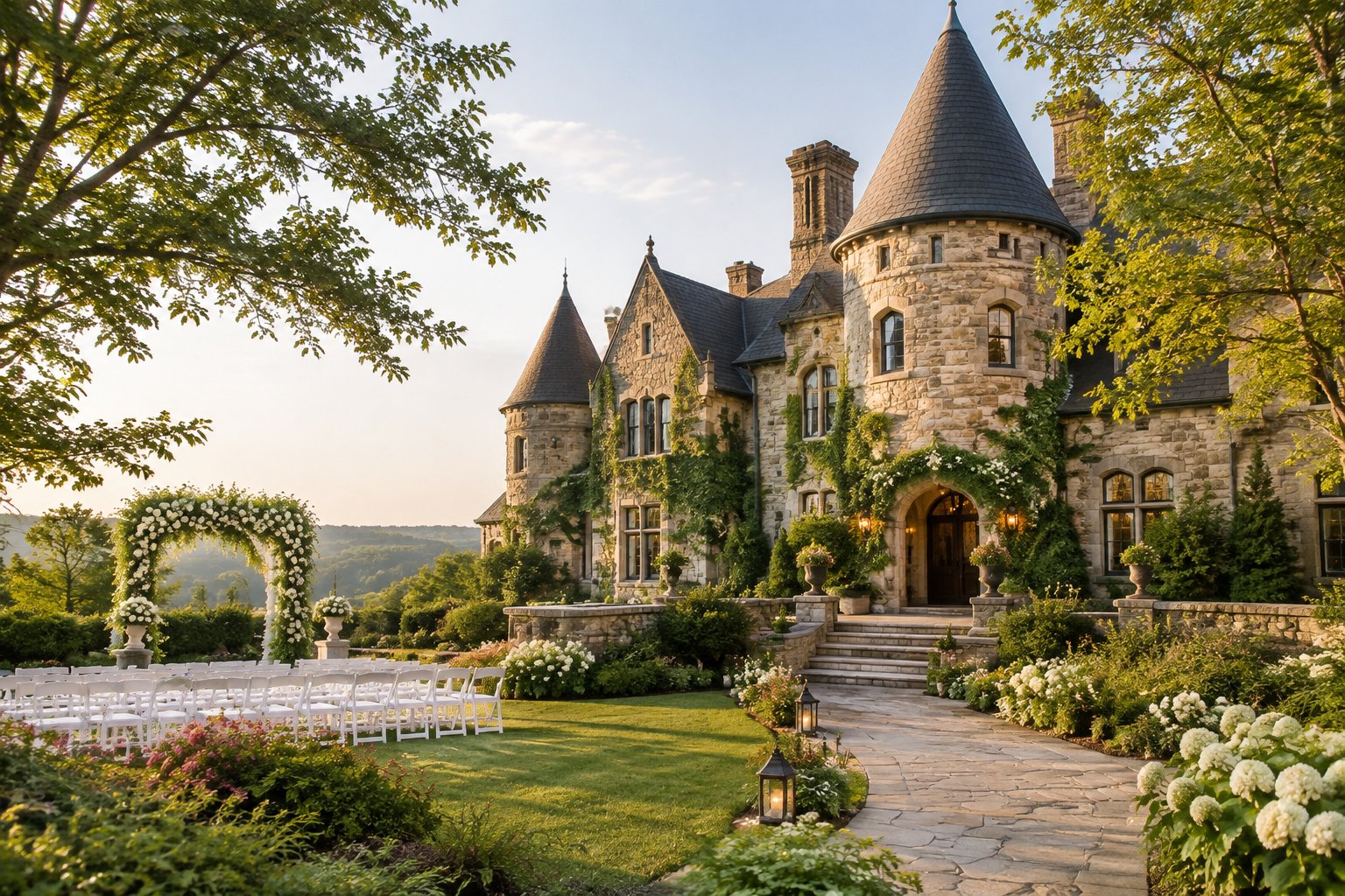 A grand stone castle-style wedding venue surrounded by gardens, trees, and an outdoor ceremony setup.