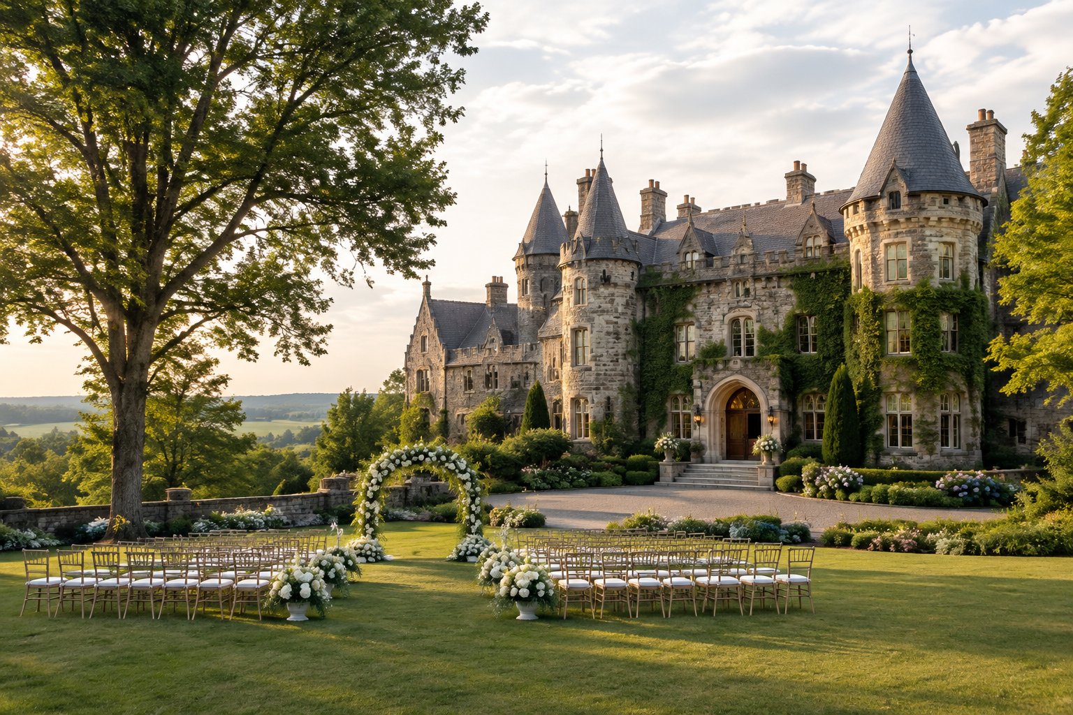 A stone castle-style wedding venue surrounded by gardens and countryside, with a decorated outdoor ceremony area.