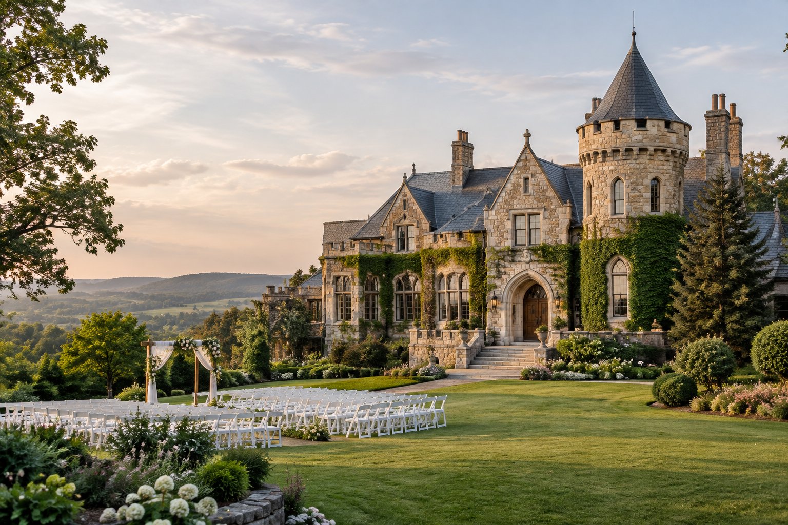 A historic stone castle-style estate with manicured gardens and an outdoor wedding ceremony setup.