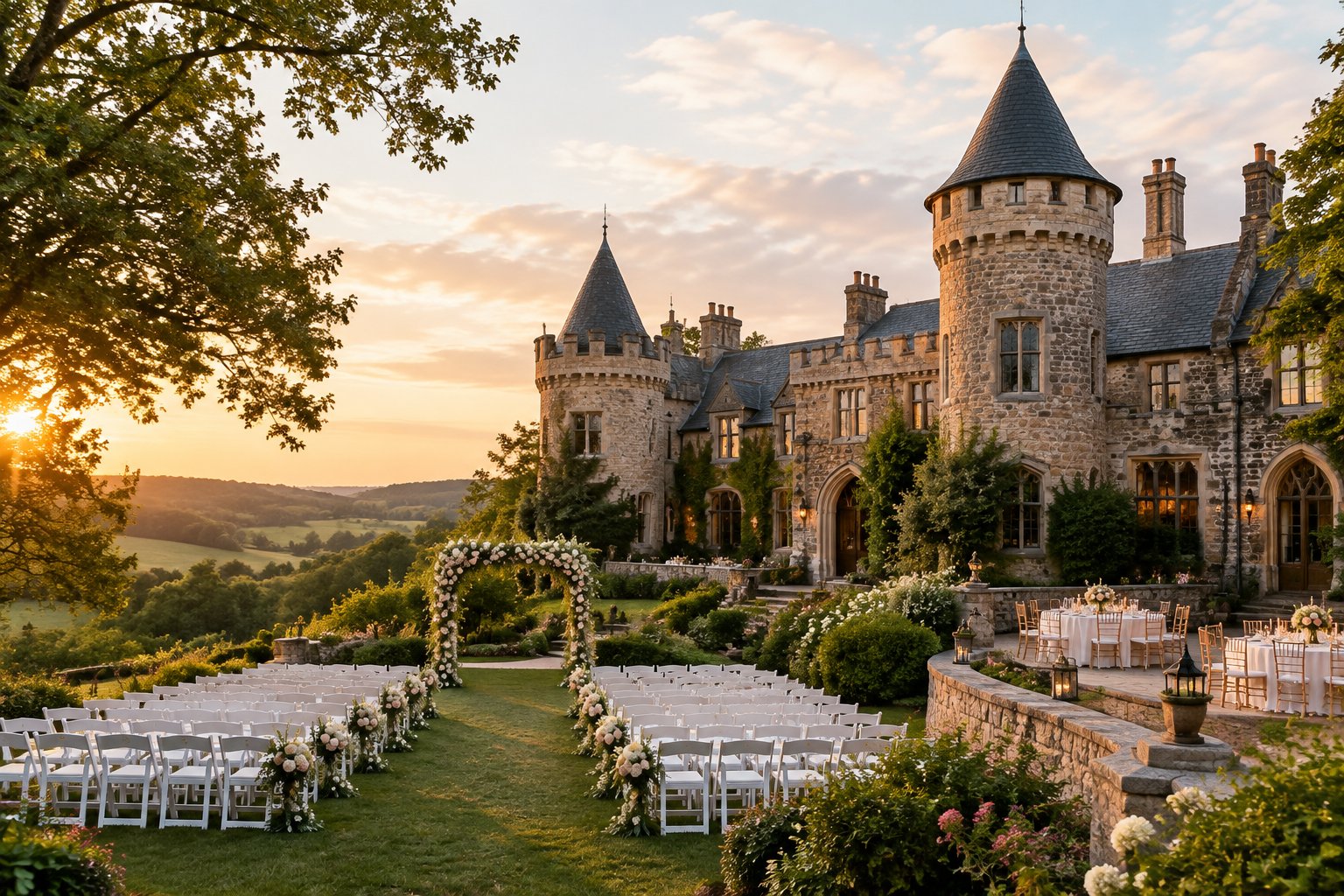 A historic stone castle with turrets overlooking an elegant outdoor wedding ceremony and reception setup.
