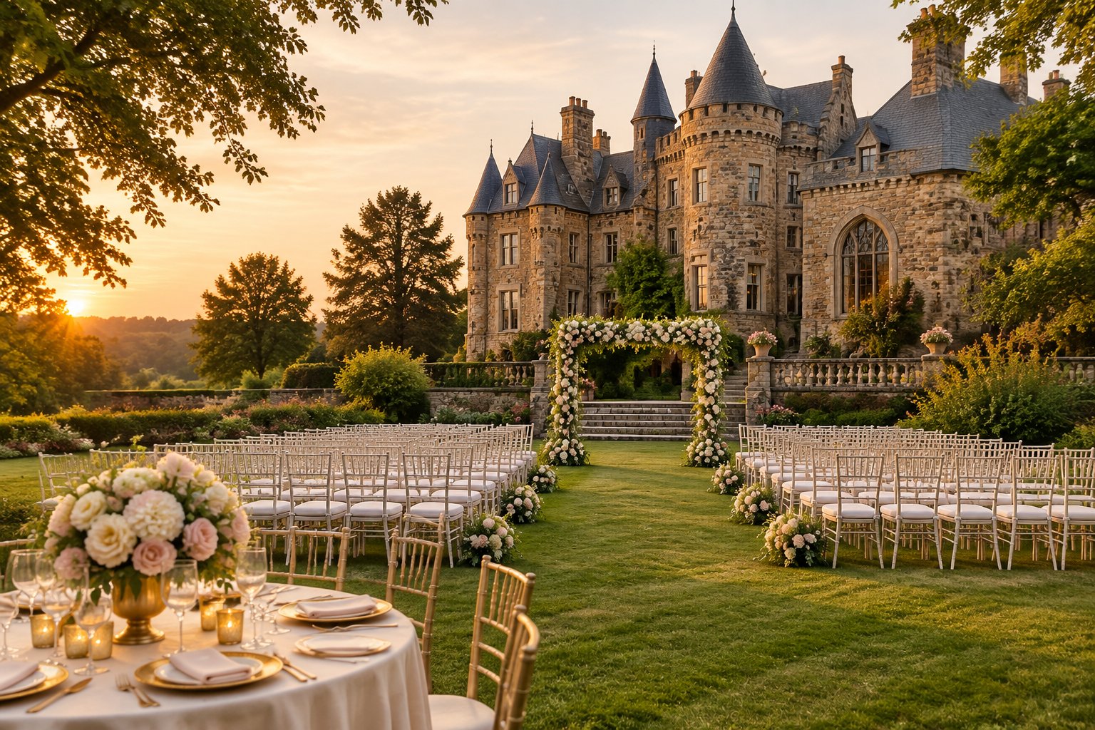 A grand stone castle wedding venue with manicured gardens and an elegant outdoor ceremony setup.